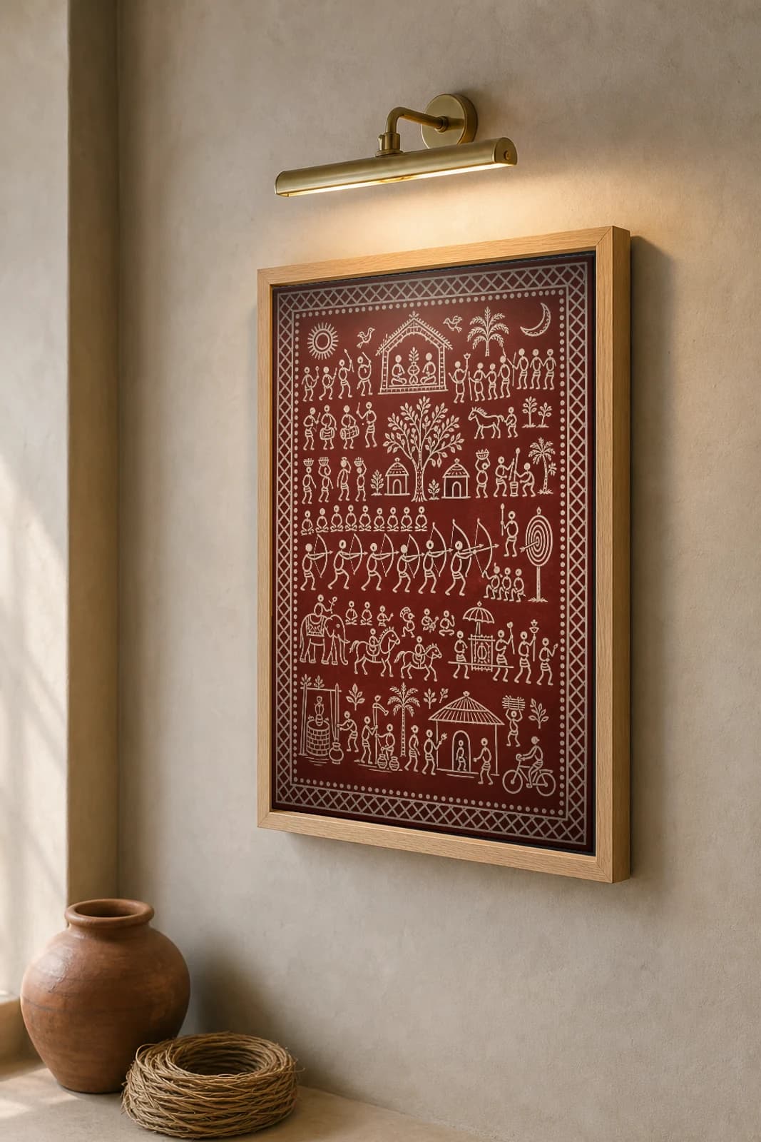 Archery Contest Saura Art Print — contemporary × Saura fusion · festival bow-and-arrow match · white on brick-red · framed A2 · Gunupur, Gajapati, southern Odisha · collector edition of 500 — the framed print shown at a three-quarter angle on a styled gallery wall in a natural-oak frame