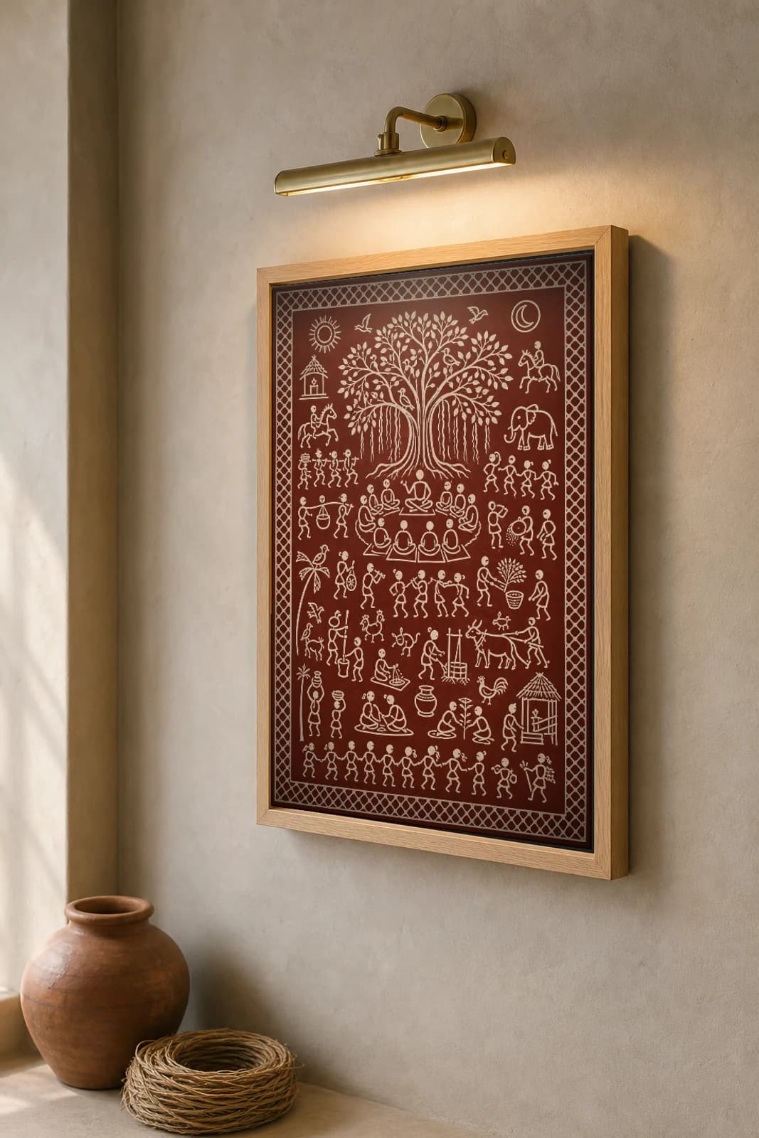 Banyan Gathering Saura Art Print — classical Lanjia Saura tree of life · the village council banyan · white on red-ochre · framed A2 · Koraput, southern Odisha · collector edition of 500 — the framed print shown at a three-quarter angle on a styled gallery wall in a natural-oak frame