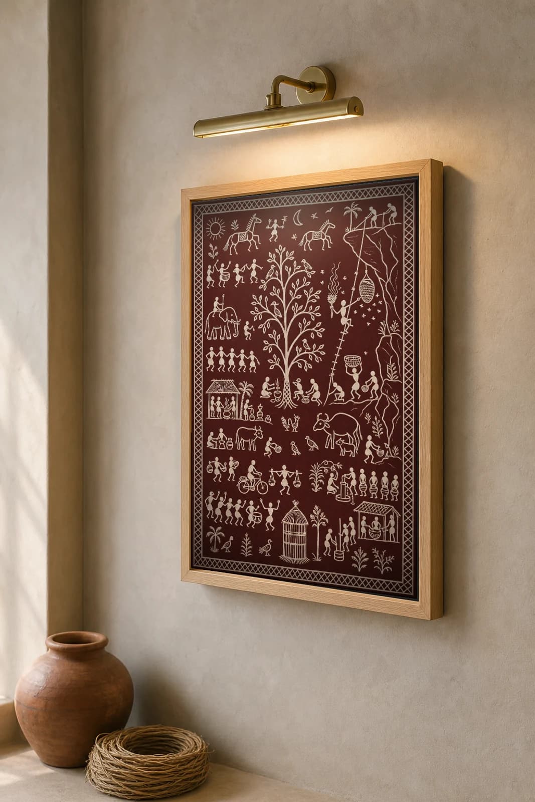 Cliff Honey Hunt Saura Art Print — contemporary × Saura fusion · honey-gatherers on the rock cliff · white on warm maroon · framed A2 · Rayagada, southern Odisha · collector edition of 500 — the framed print shown at a three-quarter angle on a styled gallery wall in a natural-oak frame