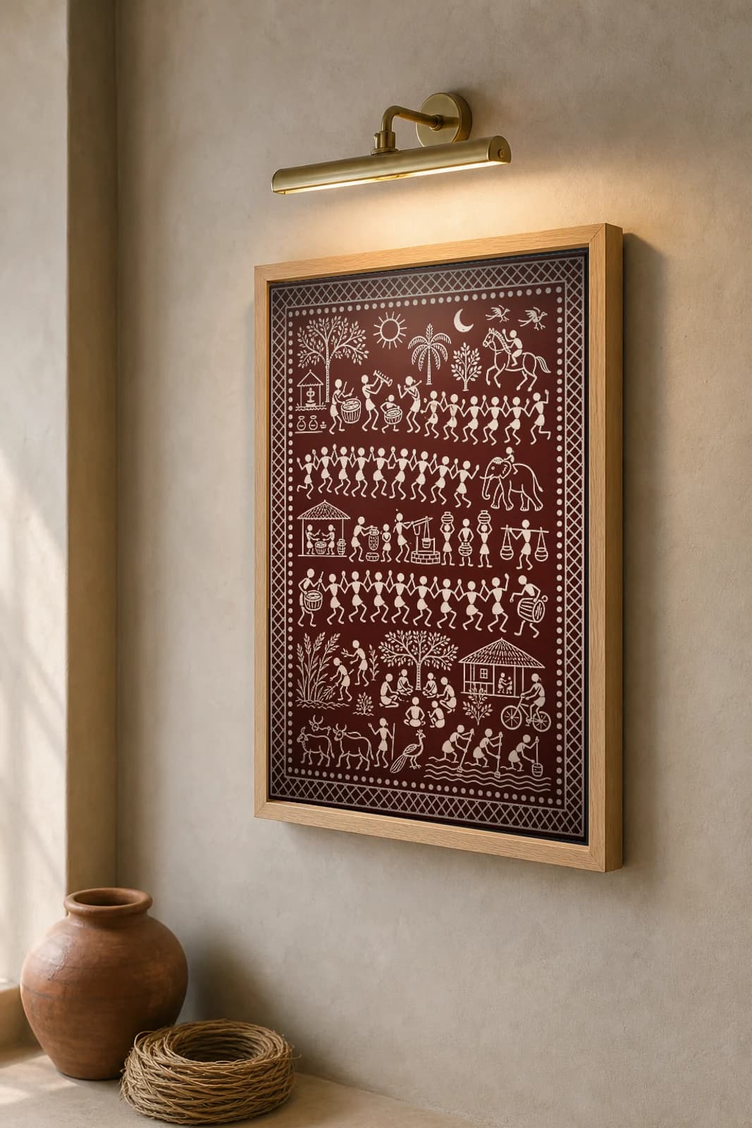 Dhuli Dindi Dance Saura Art Print — contemporary × Saura fusion · the whole village in one weaving line · white on maroon · framed A2 · Gunupur, Gajapati, southern Odisha · collector edition of 500 — the framed print shown at a three-quarter angle on a styled gallery wall in a natural-oak frame
