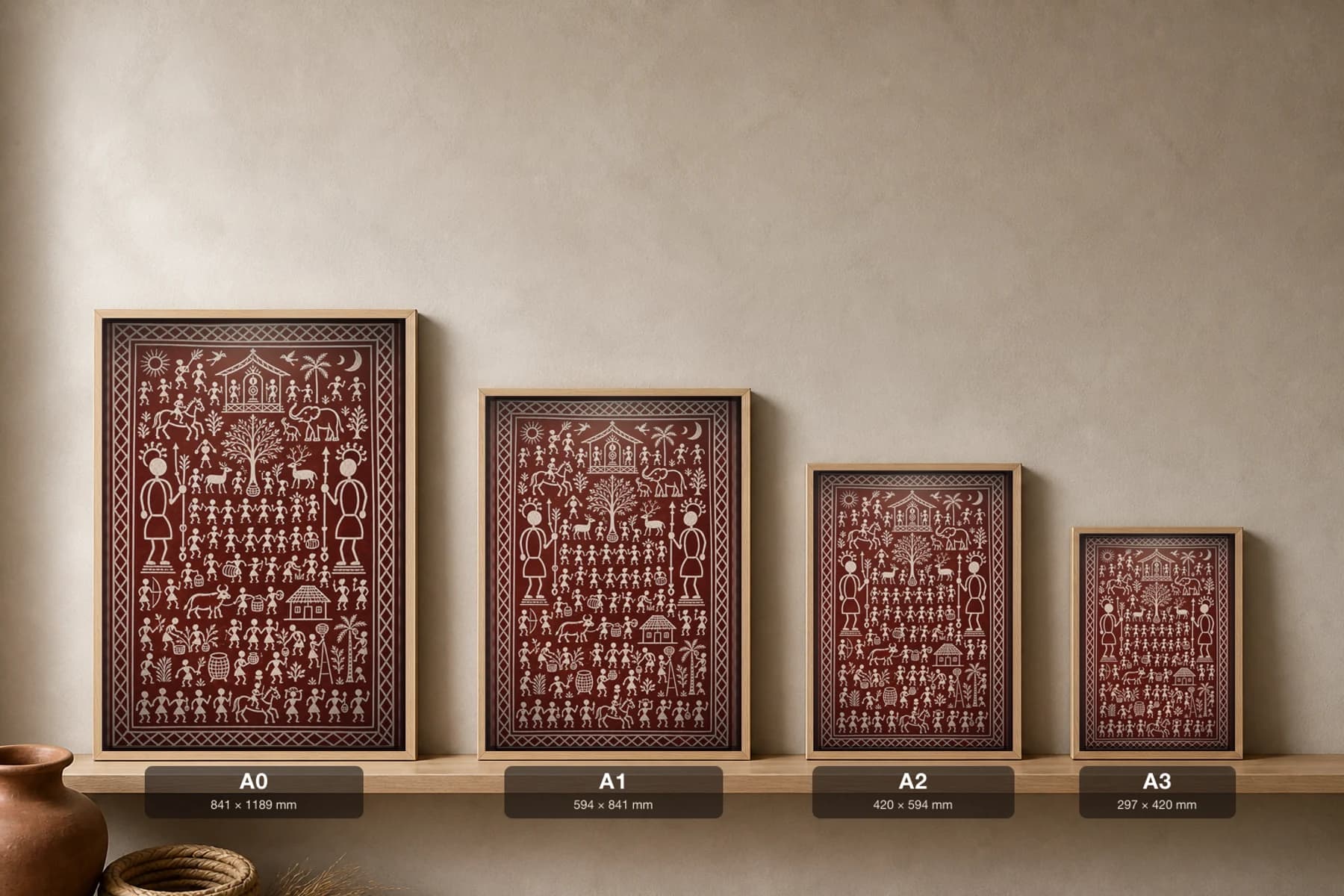 Healing Ikon Saura Art Print — classical Lanjia Saura ritual ikon · the protective shrine raised against sickness · white on maroon · framed A2 · Rayagada, southern Odisha · collector edition of 500 — print size guide showing the artwork at A0, A1, A2 and A3 in natural-oak frames at true relative scale