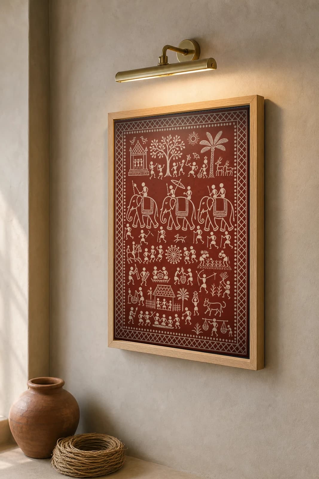 Elephant March Saura Art Print — classical Lanjia Saura animal procession · three caparisoned elephants through the hills · white on terracotta-red · framed A2 · Koraput, southern Odisha · collector edition of 500 — the framed print shown at a three-quarter angle on a styled gallery wall in a natural-oak frame