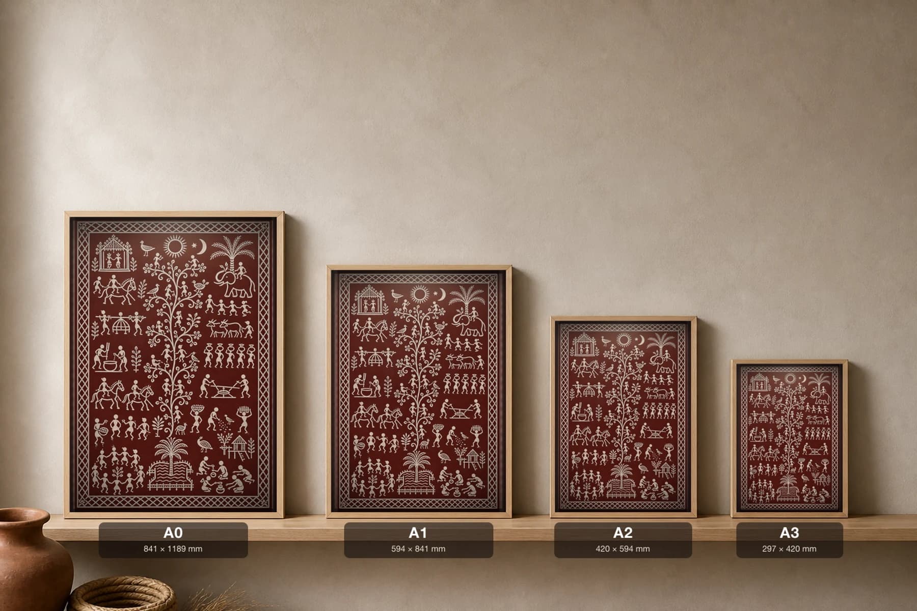 Flowering Creeper Saura Art Print — classical Lanjia Saura tree of life · the blossoming creeper scrolling through the ikon · white on maroon · framed A2 · Puttasingi, Rayagada, southern Odisha · collector edition of 500 — print size guide showing the artwork at A0, A1, A2 and A3 in natural-oak frames at true relative scale