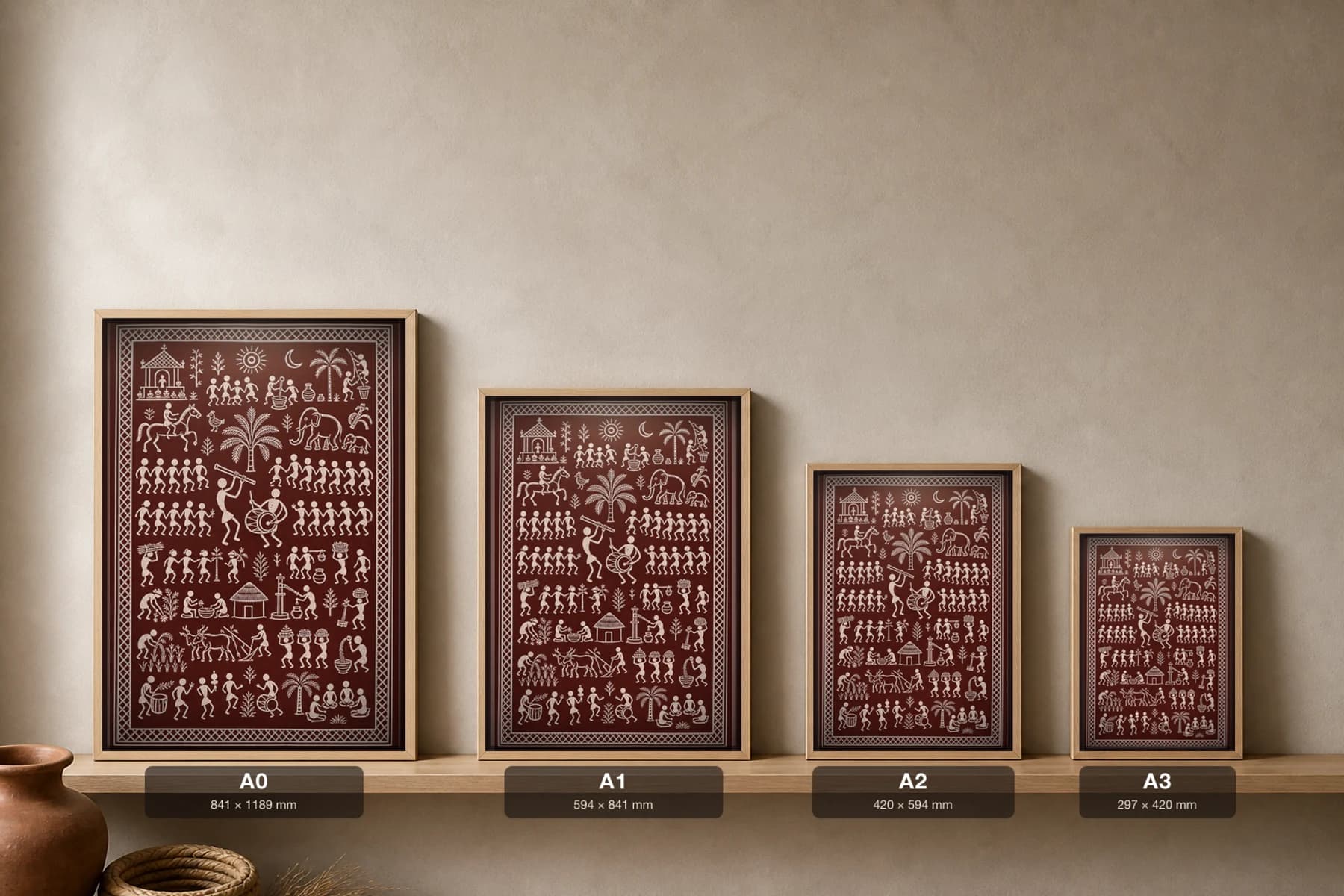 Flute and Drum Saura Art Print — contemporary × Saura fusion · the bamboo flute and changu drum that lead every gathering · white on oxblood · framed A2 · Rayagada, southern Odisha · collector edition of 500 — print size guide showing the artwork at A0, A1, A2 and A3 in natural-oak frames at true relative scale
