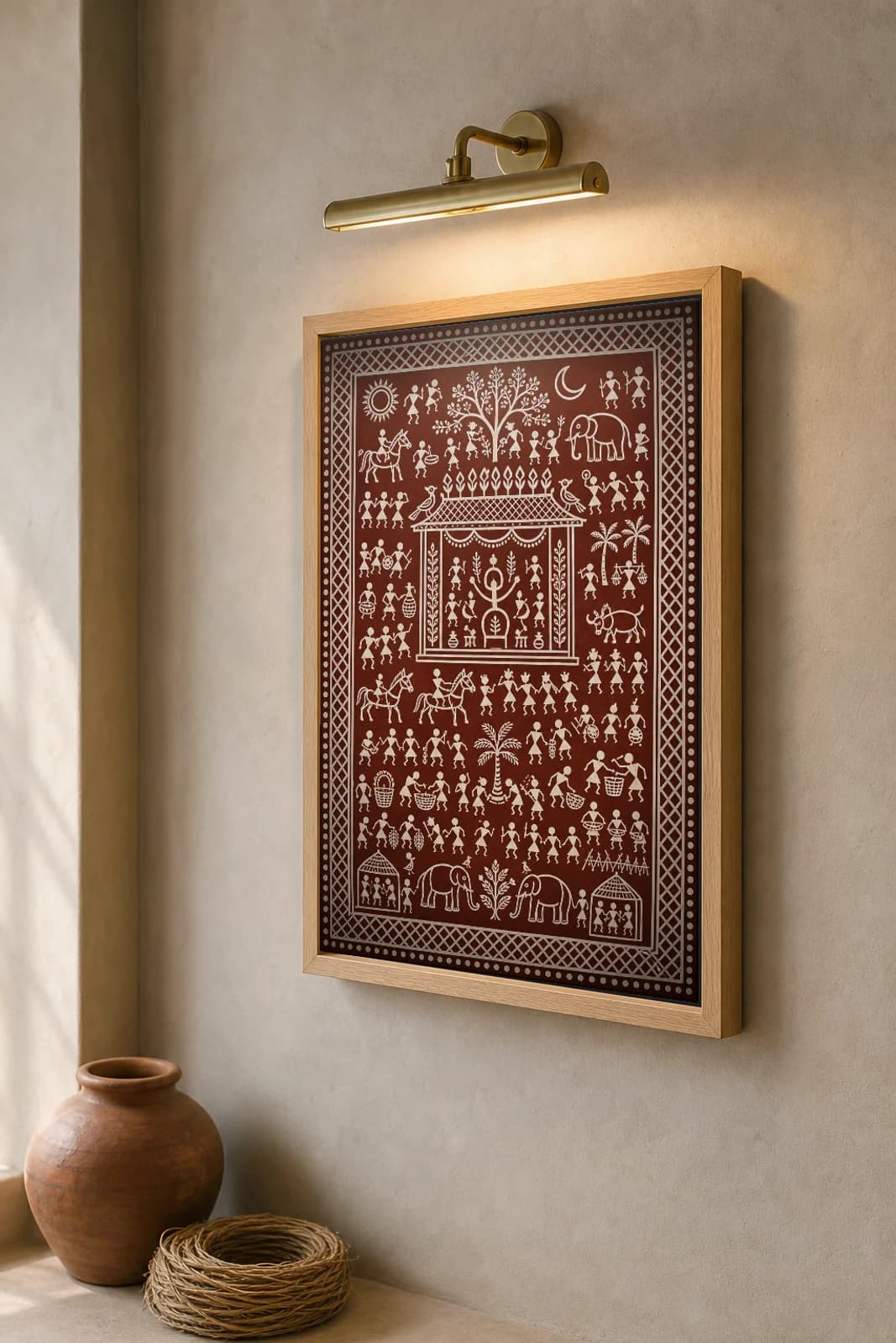 Idital House Saura Art Print — classical Lanjia Saura ikon shrine · a fringed house-shrine holding rows of figures around a tree of life · white on brick-red · framed A2 · Puttasingi, Rayagada, southern Odisha · collector edition of 500 — the framed print shown at a three-quarter angle on a styled gallery wall in a natural-oak frame