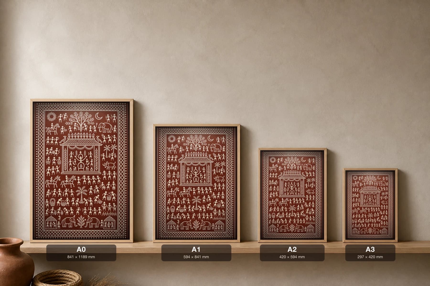 Idital House Saura Art Print — classical Lanjia Saura ikon shrine · a fringed house-shrine holding rows of figures around a tree of life · white on brick-red · framed A2 · Puttasingi, Rayagada, southern Odisha · collector edition of 500 — print size guide showing the artwork at A0, A1, A2 and A3 in natural-oak frames at true relative scale