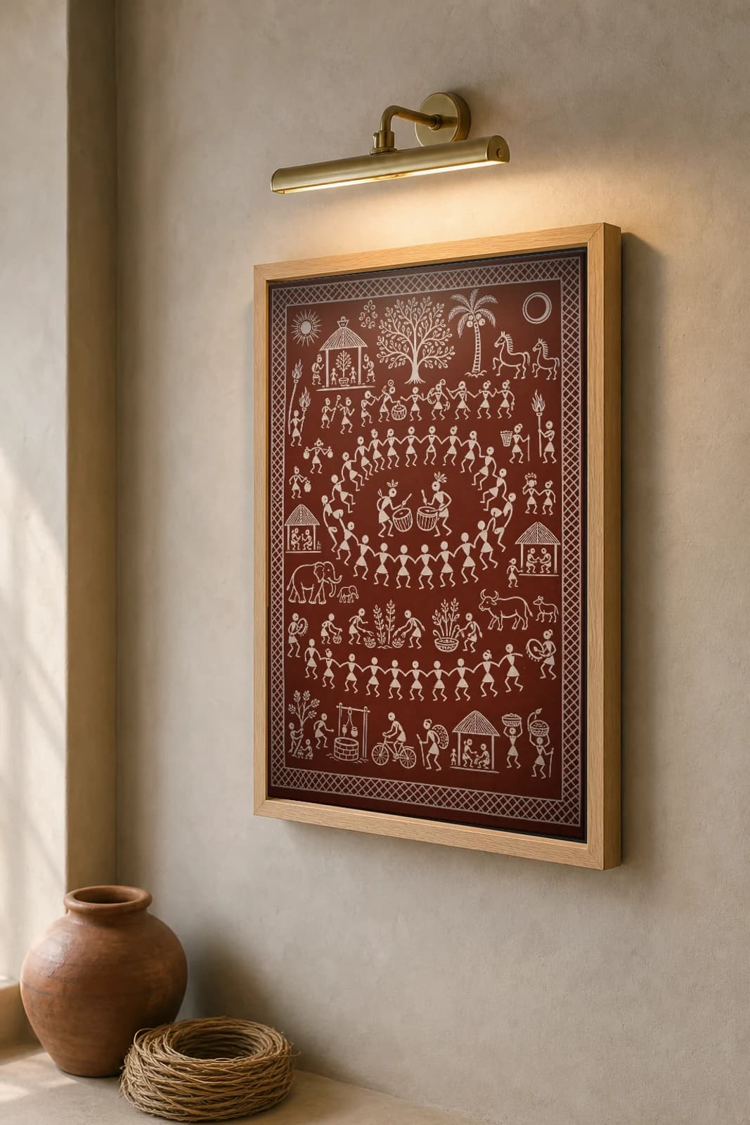 Karaja Dance Saura Art Print — contemporary Lanjia Saura circle dance · rings of dancers around centre drummers, with a village well and bicycle below · white on brick-red · framed A2 · Gunupur, Gajapati, southern Odisha · collector edition of 500 — the framed print shown at a three-quarter angle on a styled gallery wall in a natural-oak frame