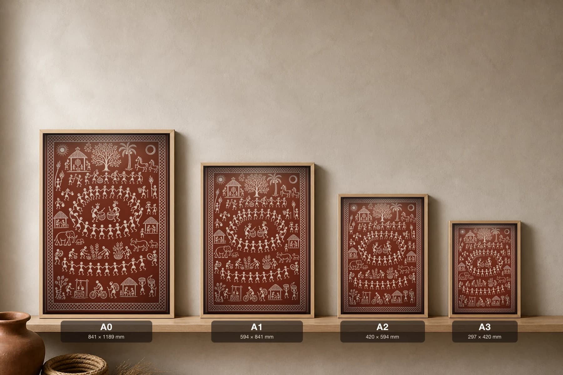 Karaja Dance Saura Art Print — contemporary Lanjia Saura circle dance · rings of dancers around centre drummers, with a village well and bicycle below · white on brick-red · framed A2 · Gunupur, Gajapati, southern Odisha · collector edition of 500 — print size guide showing the artwork at A0, A1, A2 and A3 in natural-oak frames at true relative scale