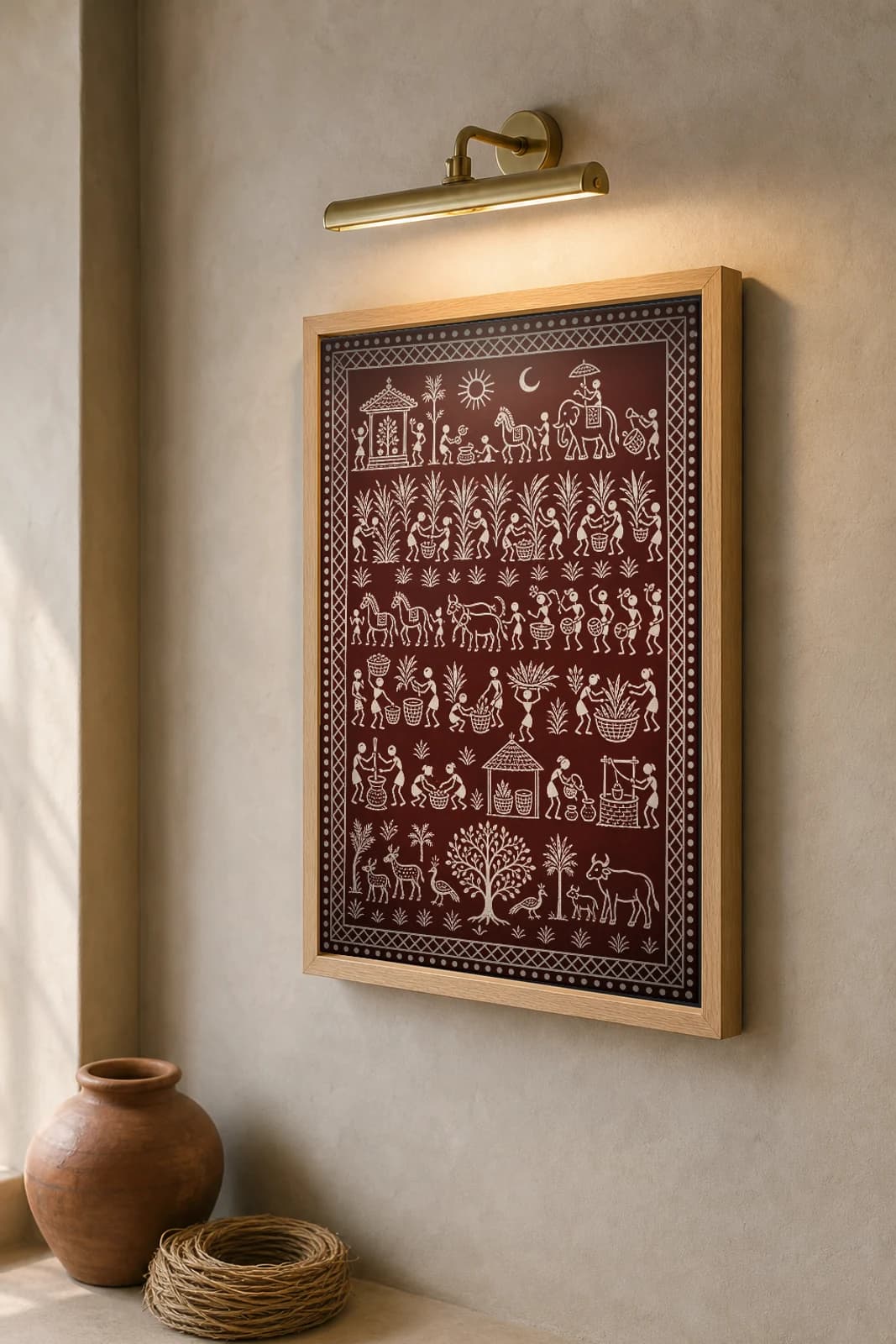 Kewda Harvest Saura Art Print — contemporary Lanjia Saura fusion · screwpine cutting and basket-carrying registers · white on deep maroon · framed A2 · Rayagada hills, southern Odisha · collector edition of 500 — the framed print shown at a three-quarter angle on a styled gallery wall in a natural-oak frame