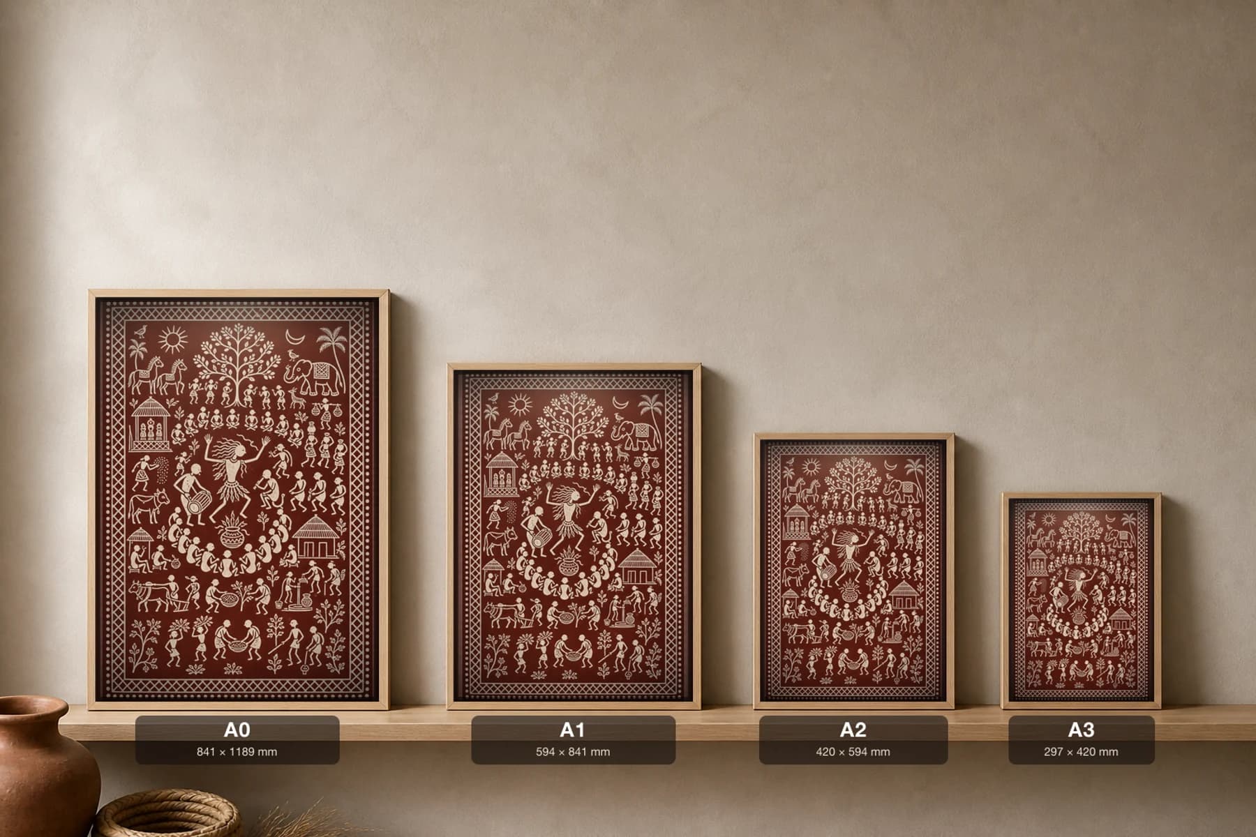 The Shaman in Trance Saura Art Print — contemporary Lanjia Saura fusion · kuranmaran priest dancing over a fire pot · white on deep maroon · framed A2 · Rayagada, southern Odisha · collector edition of 500 — print size guide showing the artwork at A0, A1, A2 and A3 in natural-oak frames at true relative scale