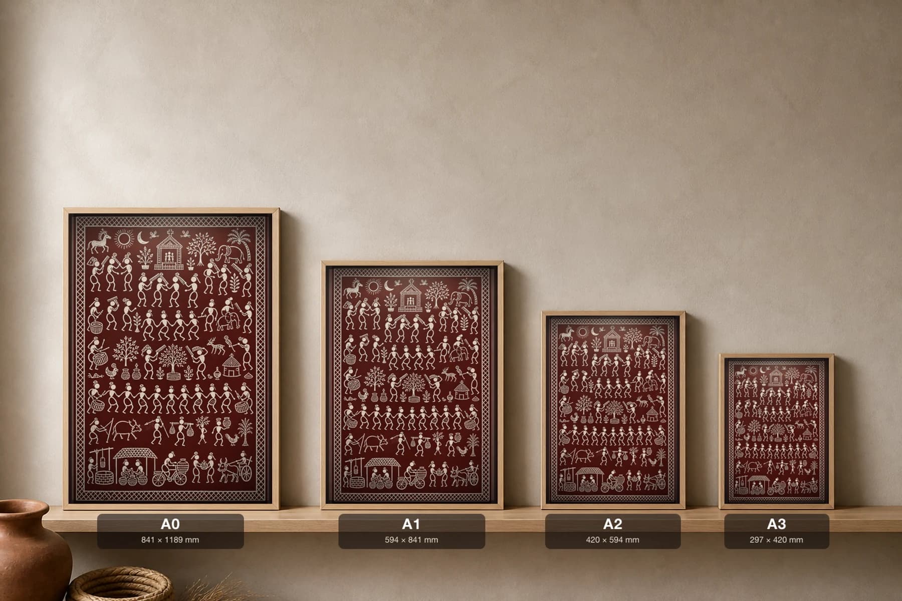 The Knot-Haired Men Saura Art Print — contemporary Lanjia Saura fusion · the lanjia hair-knot that names the tribe · white on deep maroon · framed A2 · Rayagada, southern Odisha · collector edition of 500 — print size guide showing the artwork at A0, A1, A2 and A3 in natural-oak frames at true relative scale