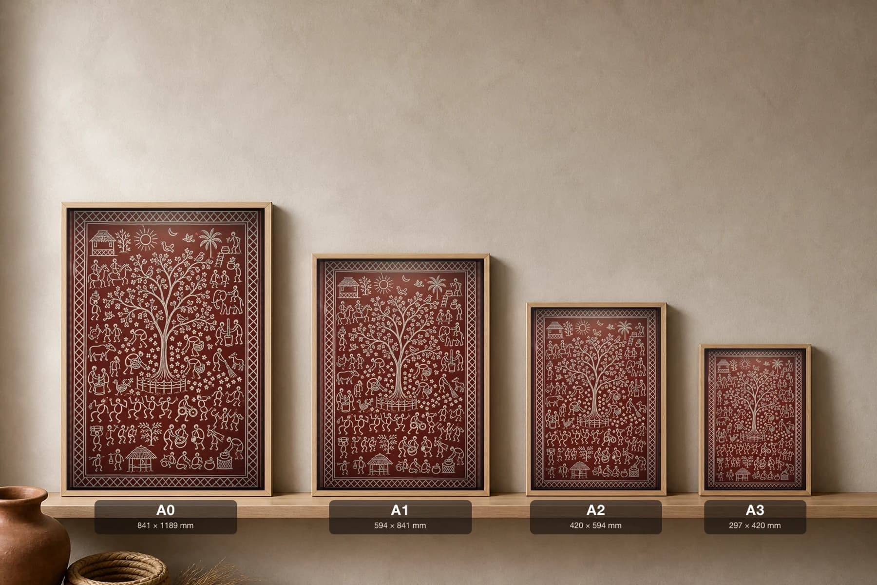 Mahua Gathering Saura Art Print — contemporary Lanjia Saura fusion · the flowering mahua tree at dawn with gatherers and baskets · white on deep maroon · framed A2 · Rayagada, southern Odisha · collector edition of 500 — print size guide showing the artwork at A0, A1, A2 and A3 in natural-oak frames at true relative scale