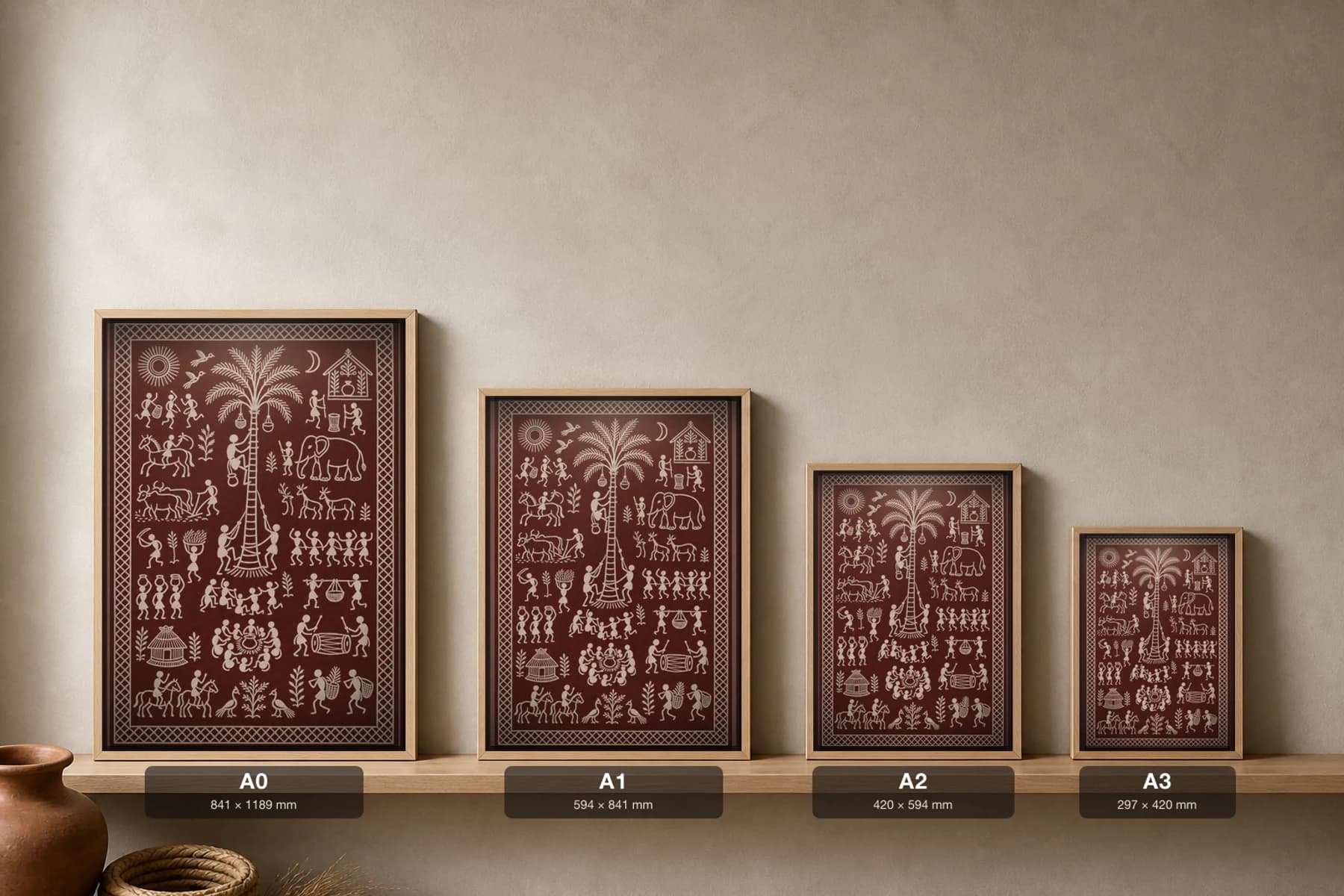 Palm Tree and Tapper Saura Art Print — classical Lanjia Saura village panel · a tapper climbing the central palm among daily-life rows · white on deep maroon · framed A2 · Rayagada, southern Odisha · collector edition of 500 — print size guide showing the artwork at A0, A1, A2 and A3 in natural-oak frames at true relative scale