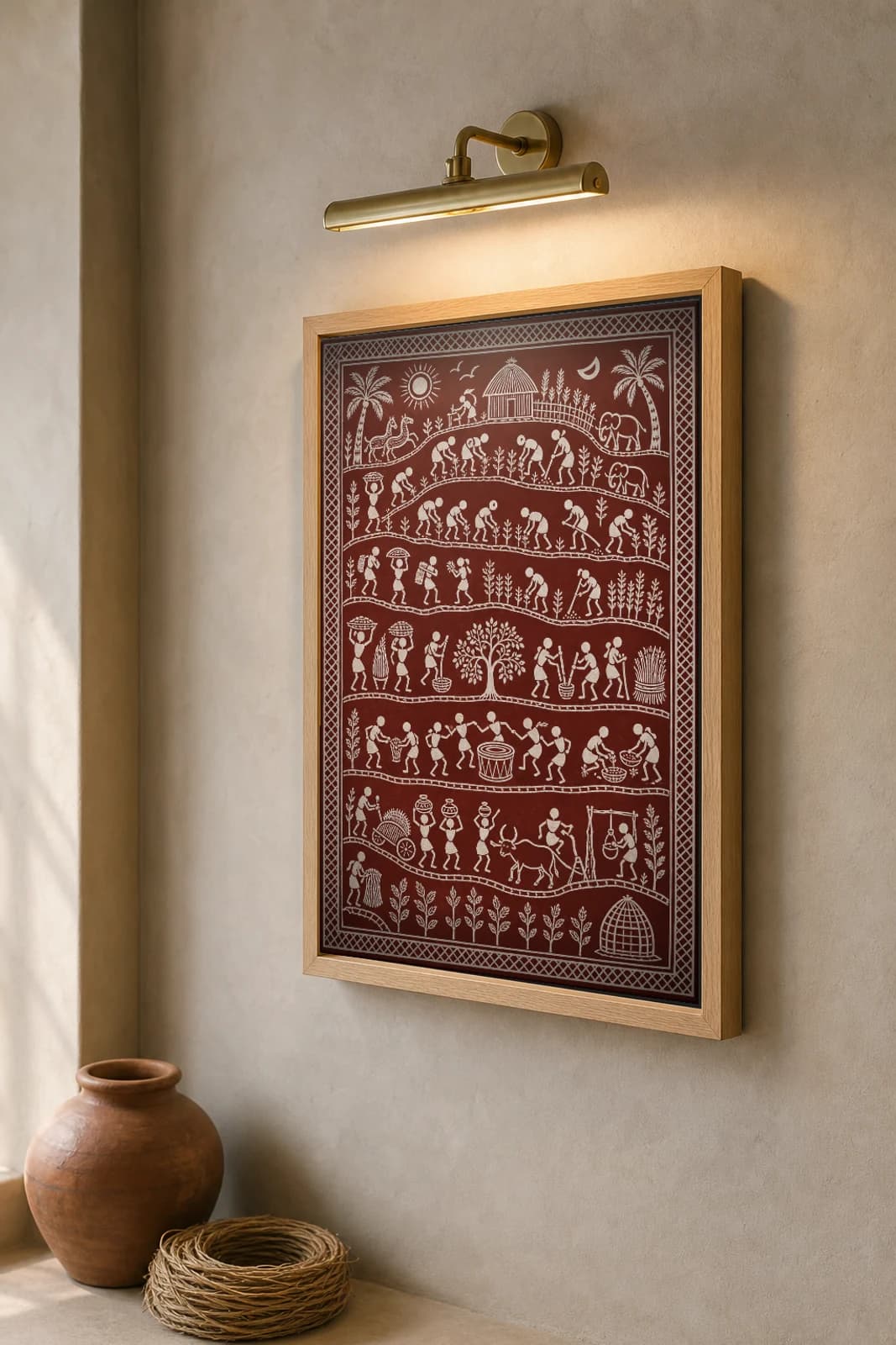 Podu Hill Terraces Saura Art Print — contemporary Lanjia Saura fusion · curving hill-slope millet plots worked in stacked terraces · white on deep maroon · framed A2 · Rayagada, southern Odisha · collector edition of 500 — the framed print shown at a three-quarter angle on a styled gallery wall in a natural-oak frame