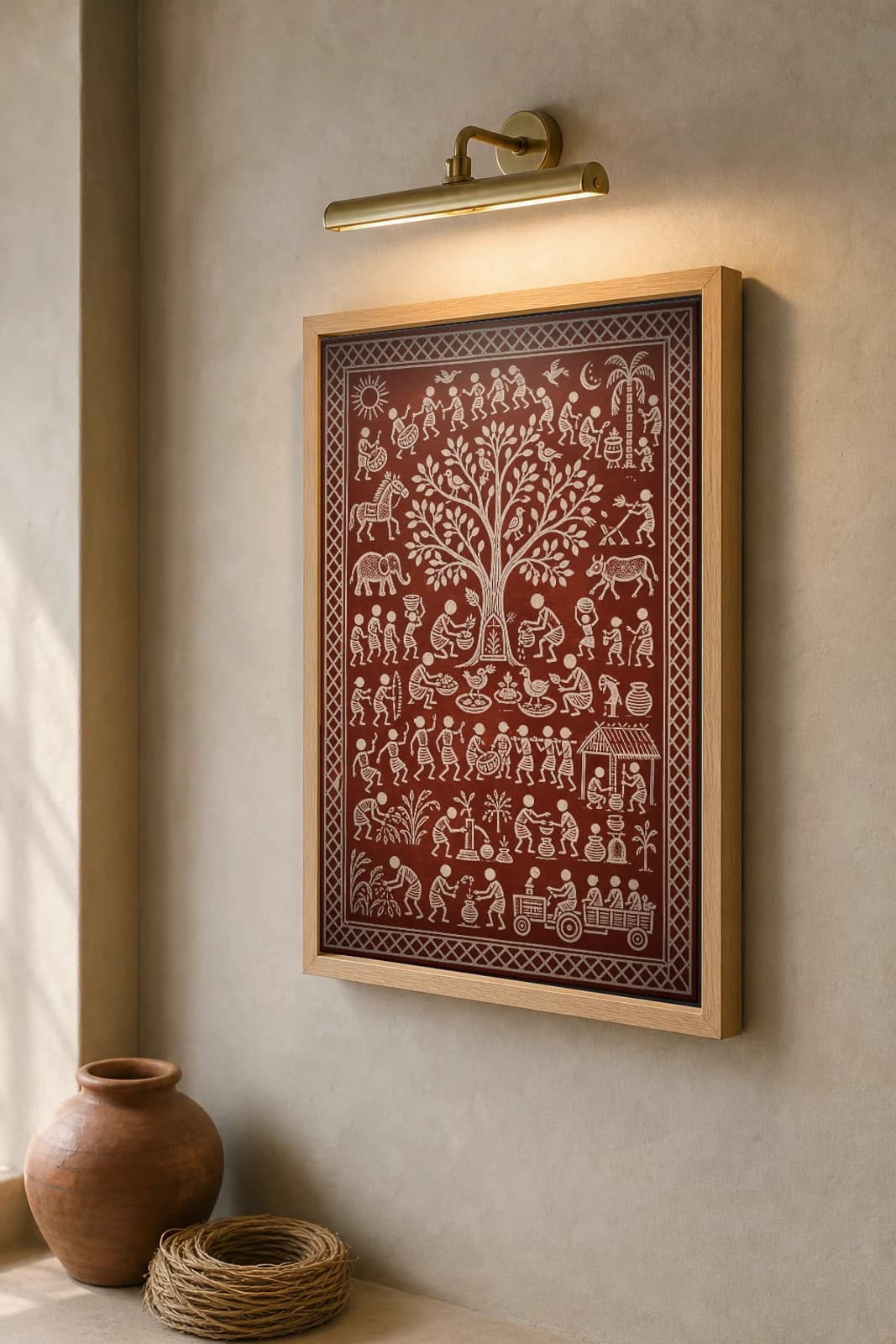 Sal Grove Offering Saura Art Print — contemporary Lanjia Saura fusion · offerings at the sacred grove tree with a modern cart at the foot · white on deep maroon · framed A2 · Rayagada, southern Odisha · collector edition of 500 — the framed print shown at a three-quarter angle on a styled gallery wall in a natural-oak frame