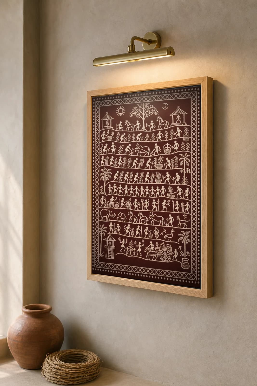 Hill Field Saura Art Print — classical Lanjia Saura field panel · a full hill of curving cultivation bands worked top to bottom · white on deep maroon · framed A2 · Rayagada, southern Odisha · collector edition of 500 — the framed print shown at a three-quarter angle on a styled gallery wall in a natural-oak frame