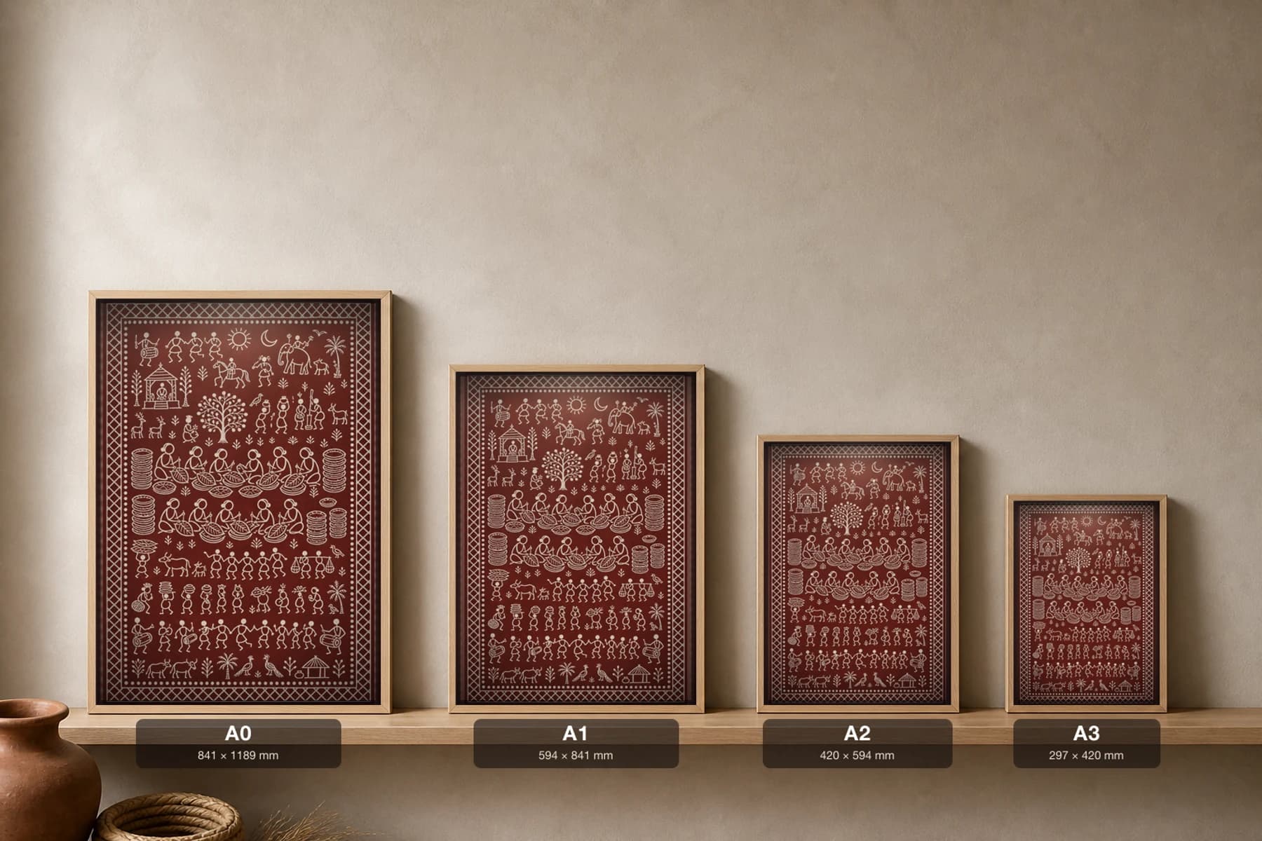 Siali Leaf Plates Saura Art Print — contemporary Lanjia Saura fusion · seated rows stitching siali-leaf plates with stacks of finished discs · white on deep maroon · framed A2 · Rayagada, southern Odisha · collector edition of 500 — print size guide showing the artwork at A0, A1, A2 and A3 in natural-oak frames at true relative scale
