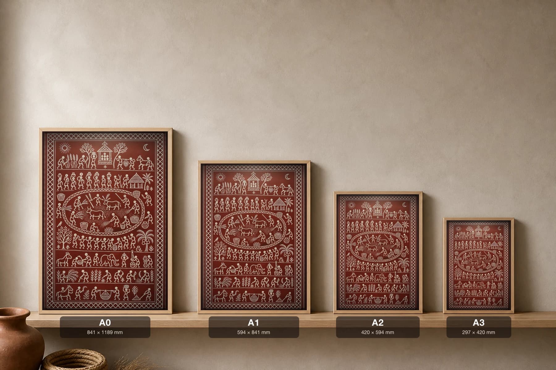 Threshing Floor Saura Art Print — classical Lanjia Saura harvest scene · oxen treading grain inside an oval medallion as the village winnows · white on oxblood-red · framed A2 · Rayagada, southern Odisha · collector edition of 500 — print size guide showing the artwork at A0, A1, A2 and A3 in natural-oak frames at true relative scale