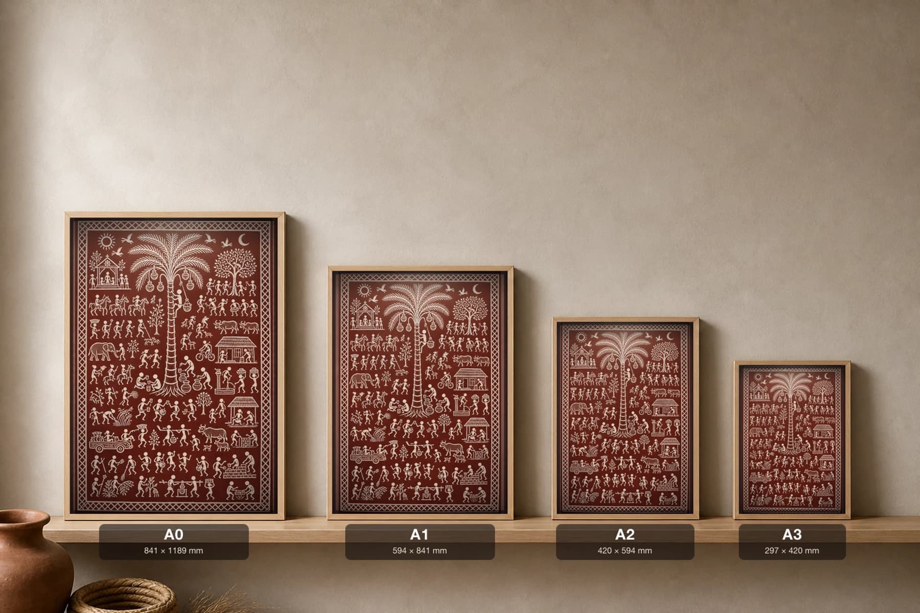 Toddy Tapping Saura Art Print — contemporary Lanjia Saura village scene · a tall toddy palm hung with collecting pots and a climbing tapper · white on deep-maroon · framed A2 · Rayagada, southern Odisha · collector edition of 500 — print size guide showing the artwork at A0, A1, A2 and A3 in natural-oak frames at true relative scale