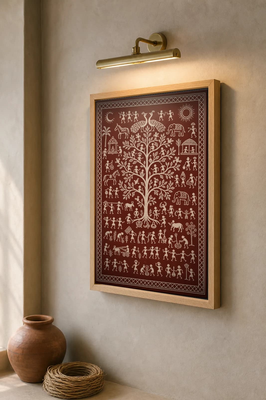 Tree of Life Saura Art Print — classical Lanjia Saura tree of life · a great spreading tree full of birds and climbers crowning the village · white on brick-red · framed A2 · Rayagada, southern Odisha · collector edition of 500 — the framed print shown at a three-quarter angle on a styled gallery wall in a natural-oak frame
