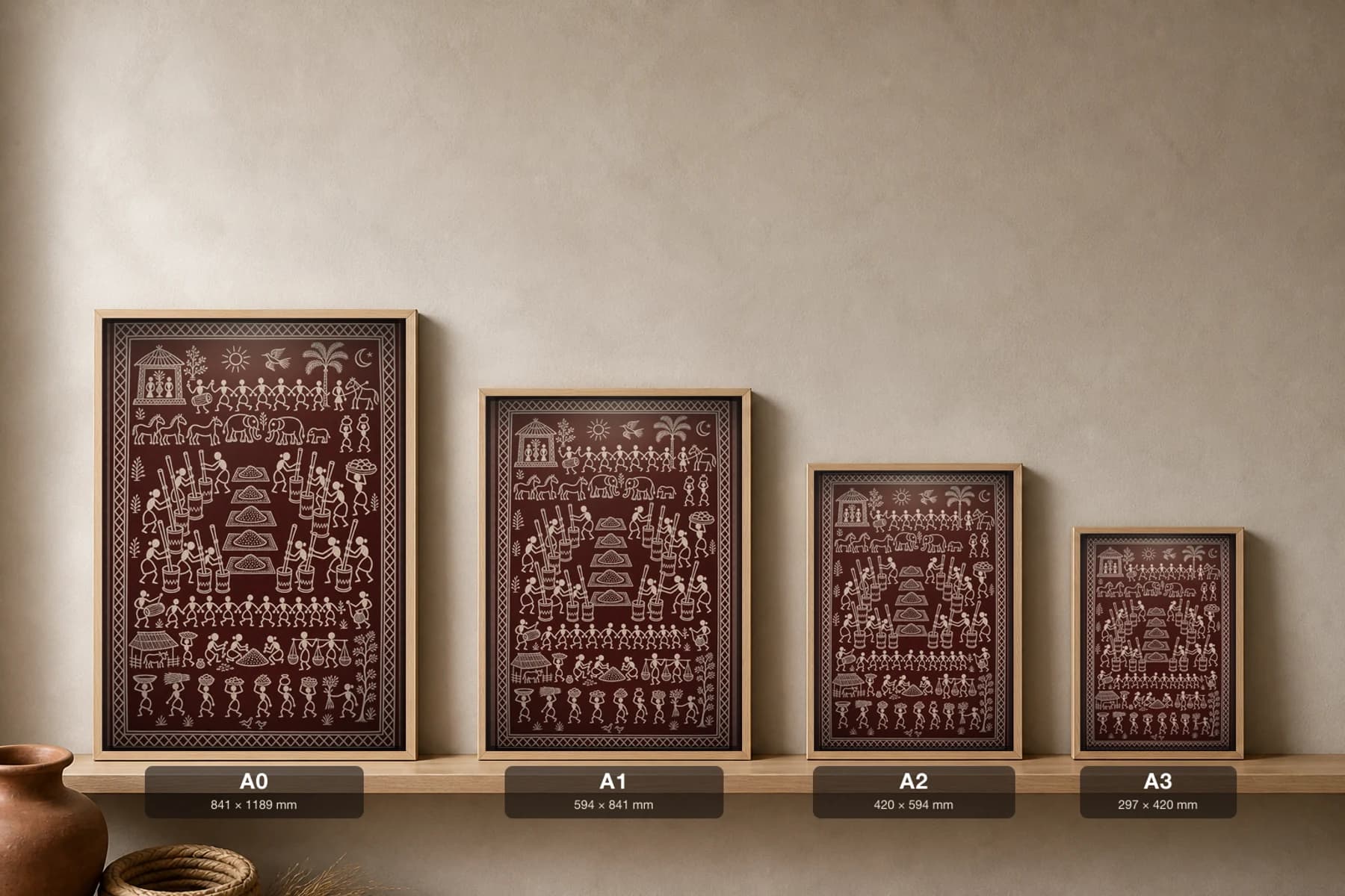 Turmeric Pounding Saura Art Print — contemporary Lanjia Saura scene · figures pounding turmeric in tall mortars beside heaped mounds · white on deep-maroon · framed A2 · Rayagada, southern Odisha · collector edition of 500 — print size guide showing the artwork at A0, A1, A2 and A3 in natural-oak frames at true relative scale