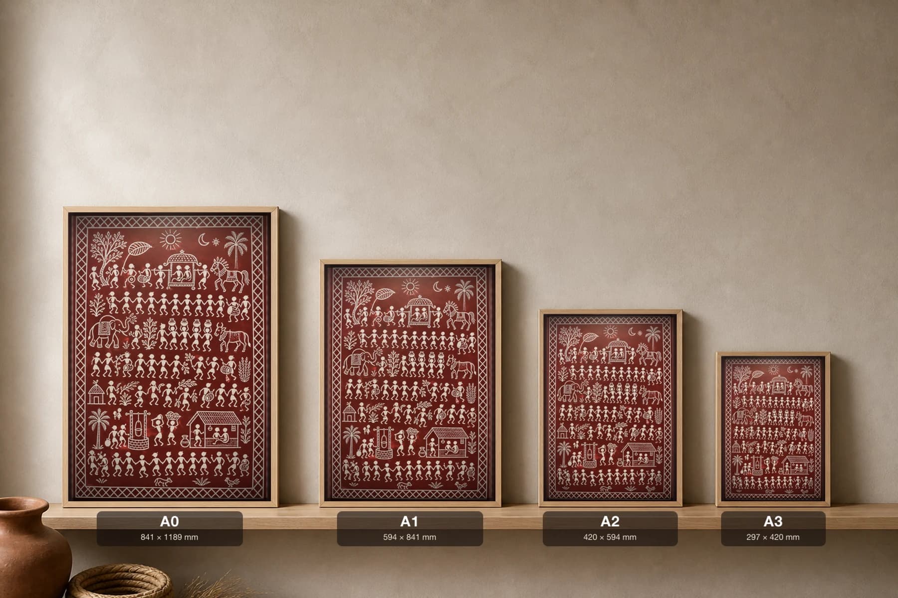 Wedding Procession Saura Art Print — contemporary Lanjia Saura scene · a canopied palki carried with drummers and a baraat horse as the village dances · white on deep-maroon · framed A2 · Gunupur, Gajapati, southern Odisha · collector edition of 500 — print size guide showing the artwork at A0, A1, A2 and A3 in natural-oak frames at true relative scale