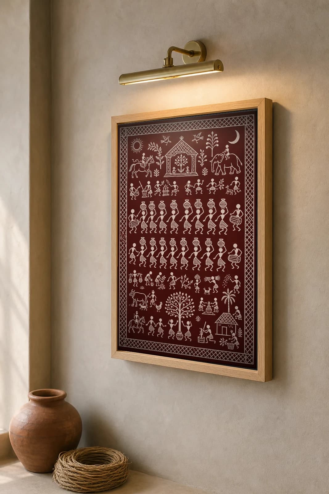 Pot Dance Saura Art Print — classical Lanjia Saura communal dance · rows of women balancing pots on their heads as they step · white on deep-maroon · framed A2 · Koraput, southern Odisha · collector edition of 500 — the framed print shown at a three-quarter angle on a styled gallery wall in a natural-oak frame