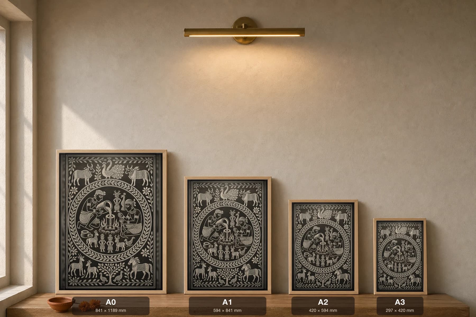 Dokra Lost-Wax Casting — Khovar sgraffito art print · two artisans pouring a glowing crucible into a clay-wax mould over a charcoal pit, finished brass figures around · Hazaribagh marriage mural of Jharkhand — print size guide showing the artwork at A0, A1, A2 and A3 in natural-oak frames at true relative scale