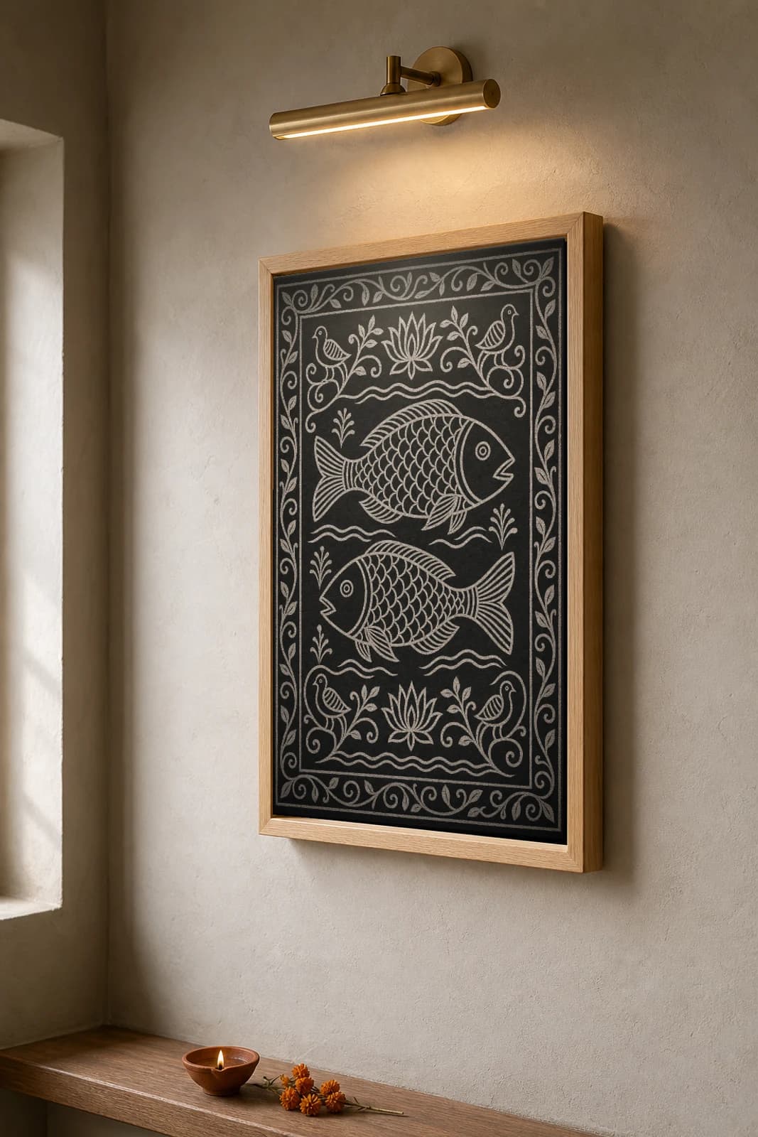 Khovar Fish Fertility — Khovar sgraffito art print · two large scaled fish swimming over a water-comb ground, lotus and birds at the corners · Hazaribagh marriage mural of Jharkhand — the framed print shown at a three-quarter angle on a styled gallery wall in a natural-oak frame