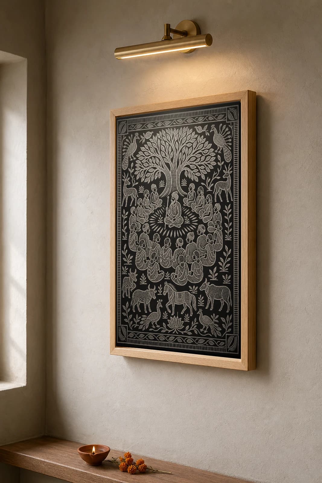 Gram Sabha Under the Sal — Khovar sgraffito art print · the village council seated in a wide ring under a spreading sal tree, the manjhi headman at the centre · Hazaribagh marriage mural of Jharkhand — the framed print shown at a three-quarter angle on a styled gallery wall in a natural-oak frame