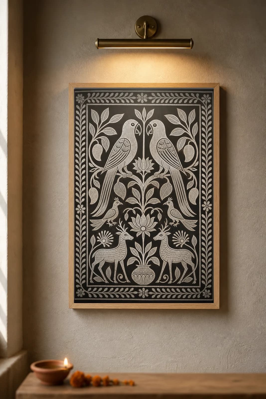 Khovar Parrot Pair — framed museum print, Sohrai Khovar