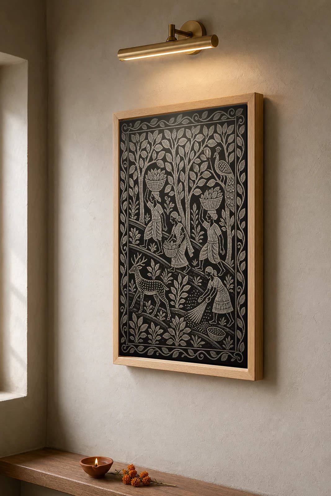 Sal-Leaf Forest Gathering — Khovar sgraffito art print · a family moving through a dense sal forest gathering leaves into head-baskets and sweeping seed, a peacock among the trunks · Hazaribagh marriage mural of Jharkhand — the framed print shown at a three-quarter angle on a styled gallery wall in a natural-oak frame