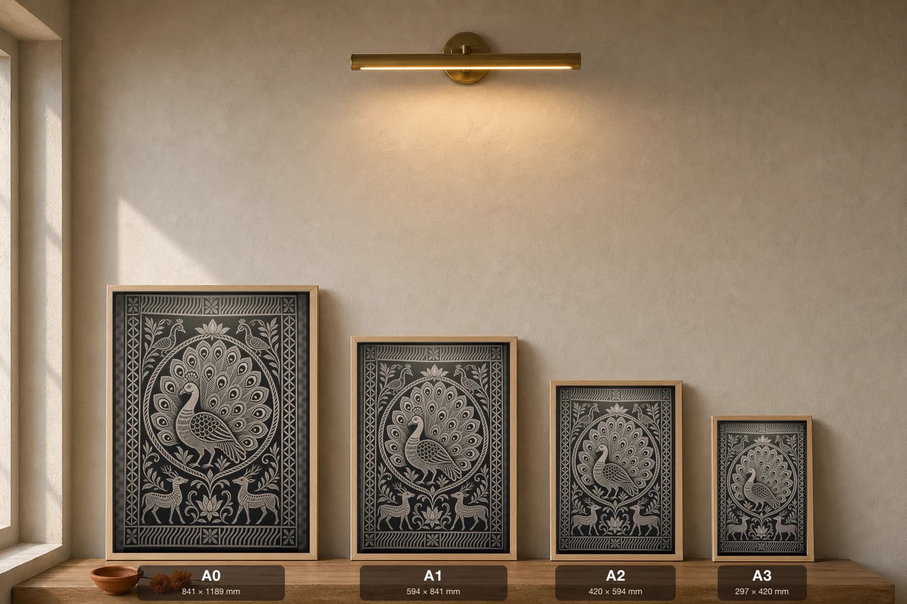 Khovar Sgraffito Peacock — Khovar marriage art print · a single crested peacock combed in white kaolin inside an oval creeper medallion, its fanned tail filling the frame · Hazaribagh bridal-chamber mural of Jharkhand — print size guide showing the artwork at A0, A1, A2 and A3 in natural-oak frames at true relative scale