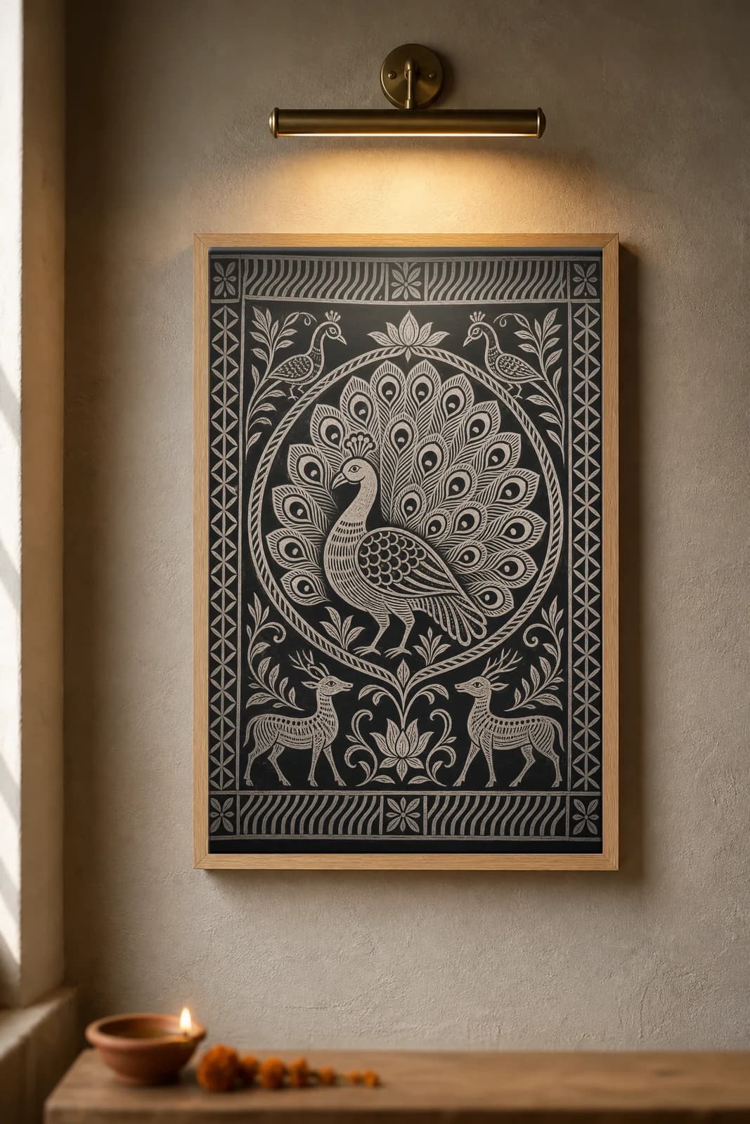 Khovar Sgraffito Peacock — framed museum print, Sohrai Khovar