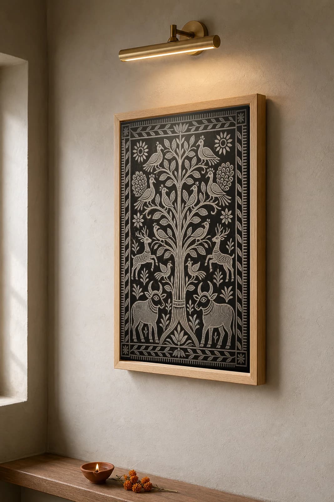 Khovar Tree of Life — Khovar marriage art print · a symmetric tree combed in white kaolin with perched peacocks, rearing deer and a humped bull at each root · Hazaribagh bridal-chamber mural of Jharkhand — the framed print shown at a three-quarter angle on a styled gallery wall in a natural-oak frame