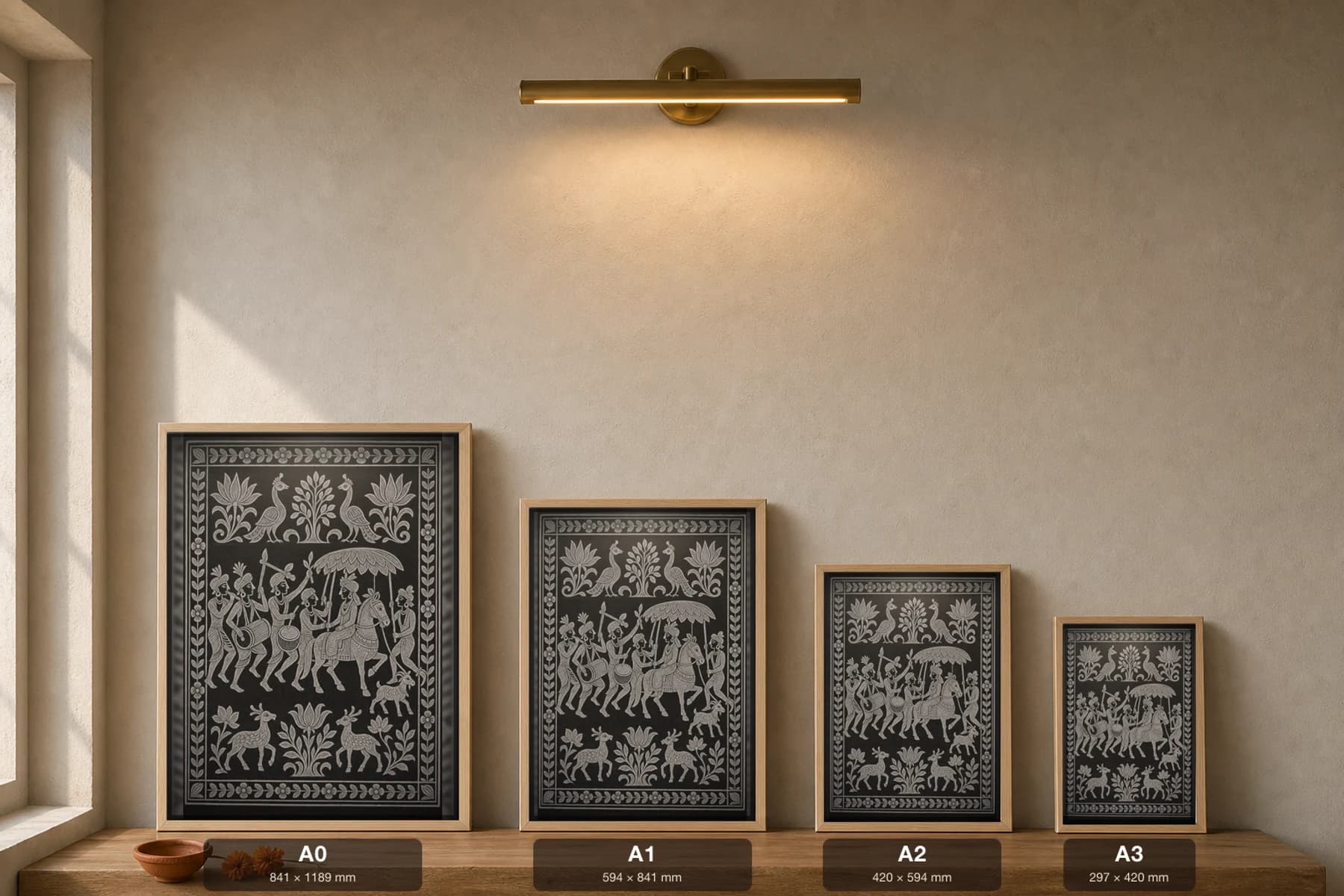 Mandar Drum Procession — Khovar fusion art print · a wedding baraat combed in white kaolin, the groom on horseback under a parasol behind mandar drummers · in the Hazaribagh mural tradition of Jharkhand — print size guide showing the artwork at A0, A1, A2 and A3 in natural-oak frames at true relative scale