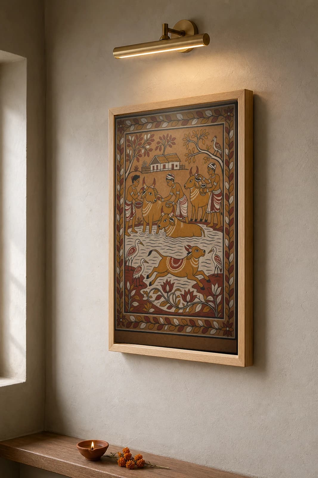 Bandna Cattle Wash Sohrai Print — Hazaribagh harvest mural of bullocks bathed and anointed at the village pond · framed A2 — the framed print shown at a three-quarter angle on a styled gallery wall in a natural-oak frame