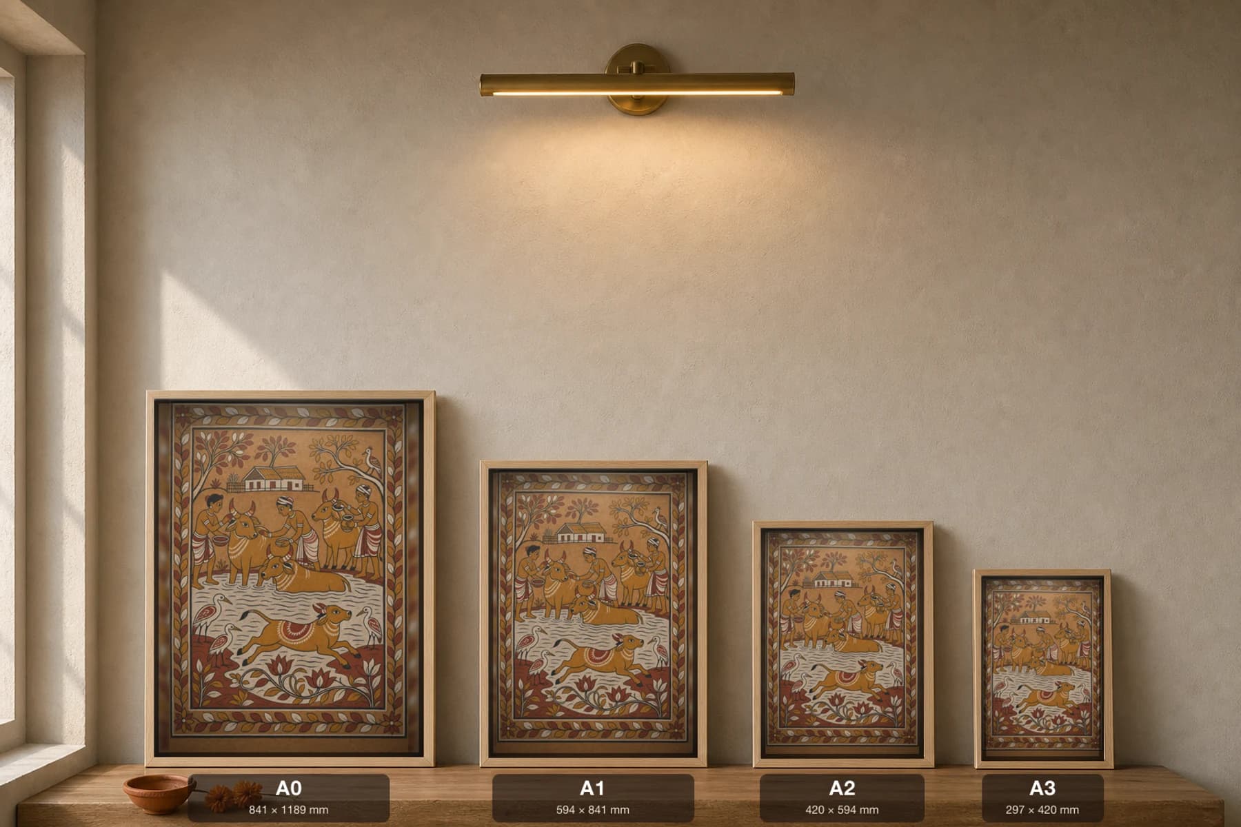 Bandna Cattle Wash Sohrai Print — Hazaribagh harvest mural of bullocks bathed and anointed at the village pond · framed A2 — print size guide showing the artwork at A0, A1, A2 and A3 in natural-oak frames at true relative scale