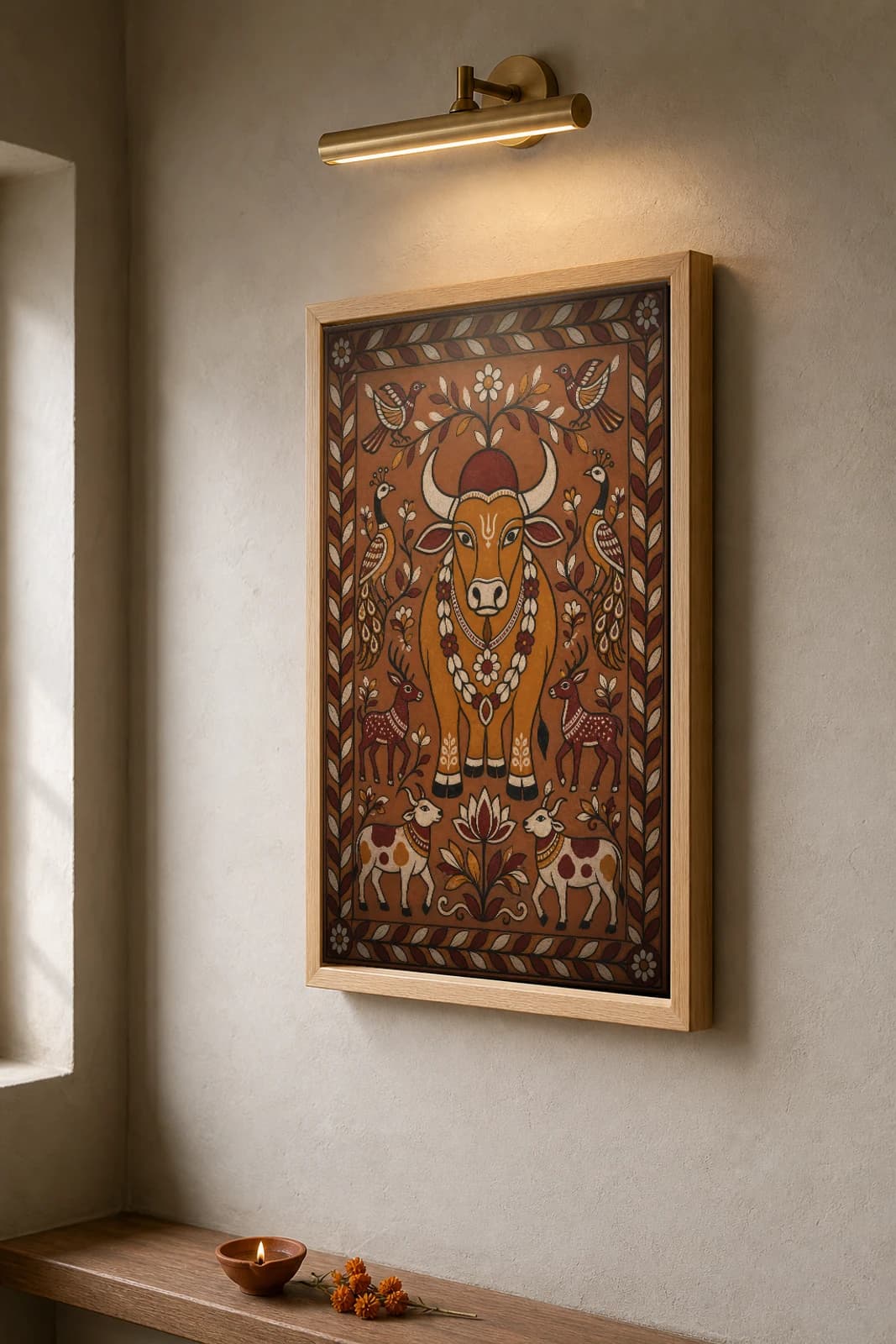 Sohrai Bull Blessing Print — Hazaribagh harvest mural of a garlanded humped bull flanked by peacocks and deer · framed A2 — the framed print shown at a three-quarter angle on a styled gallery wall in a natural-oak frame