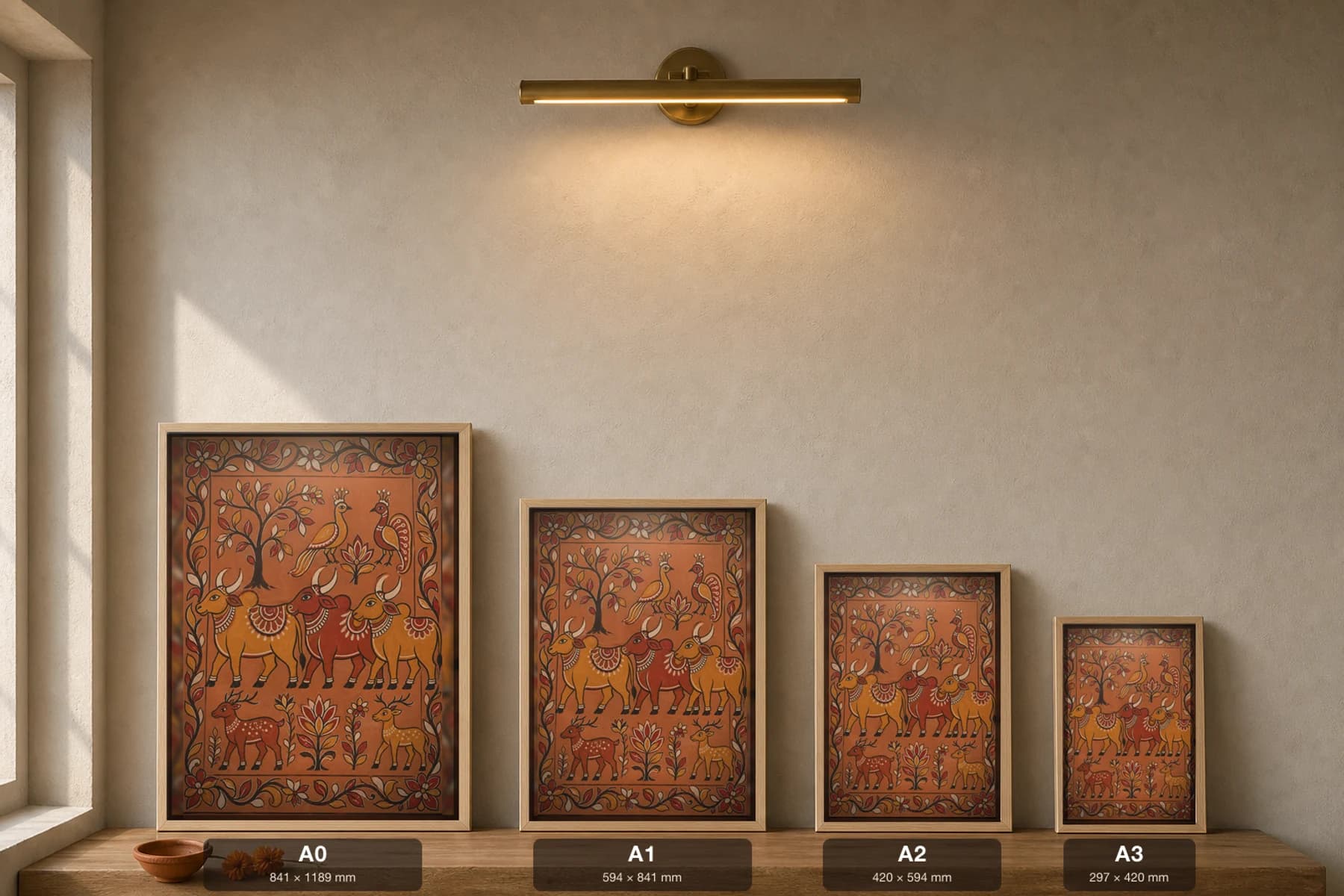 Sohrai Cattle Frieze Print — Hazaribagh harvest mural of a humped zebu herd walking under a flowering tree and peacocks · framed A2 — print size guide showing the artwork at A0, A1, A2 and A3 in natural-oak frames at true relative scale
