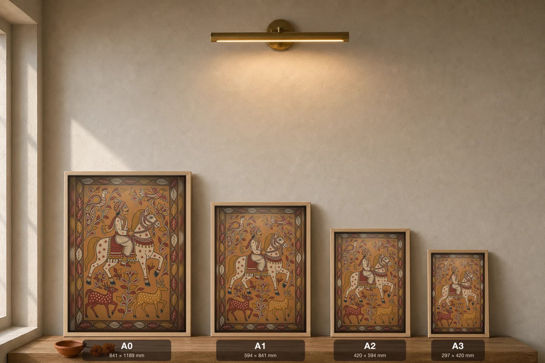 Sohrai Horse Rider Print — Hazaribagh harvest mural of a caparisoned horse and seated rider above two spotted deer · framed A2 — print size guide showing the artwork at A0, A1, A2 and A3 in natural-oak frames at true relative scale