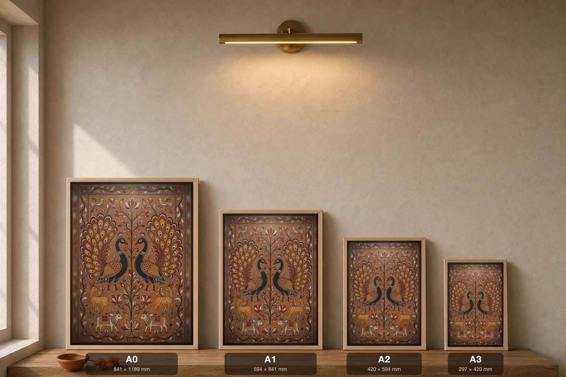 Sohrai Peacock Pair — Hazaribagh harvest mural of two mirrored fan-tailed peacocks over deer and caparisoned elephants · framed A2 — print size guide showing the artwork at A0, A1, A2 and A3 in natural-oak frames at true relative scale