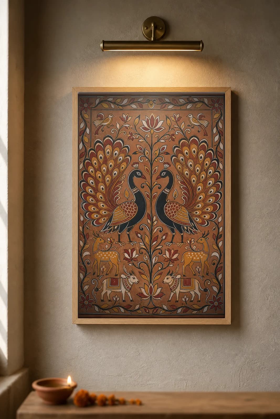 Sohrai Peacock Pair — framed museum print, Sohrai Khovar
