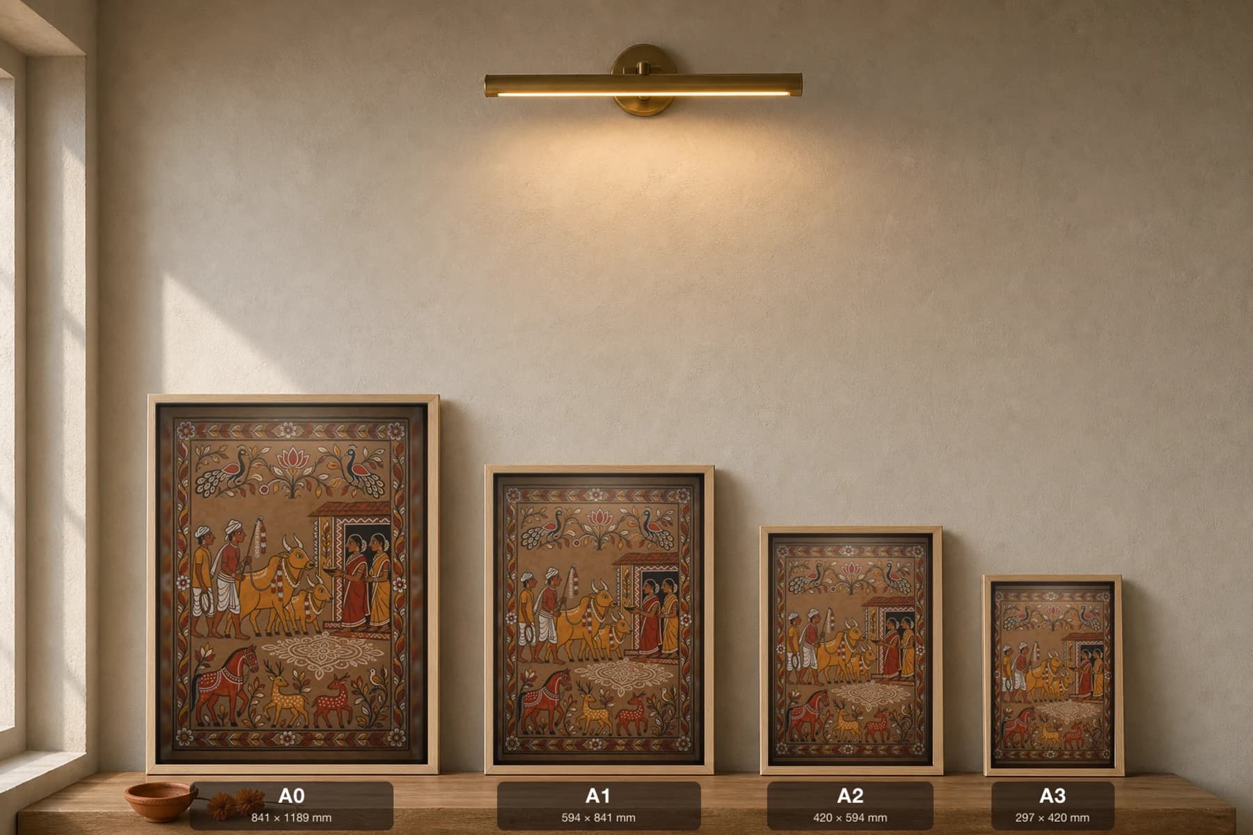 Sohrai Cattle Honour — Sohrai fusion art print · men leading a garlanded bull and calf to a doorway where women wait with aarti lamps over a floor aripan · in the Hazaribagh harvest mural tradition of Jharkhand — print size guide showing the artwork at A0, A1, A2 and A3 in natural-oak frames at true relative scale