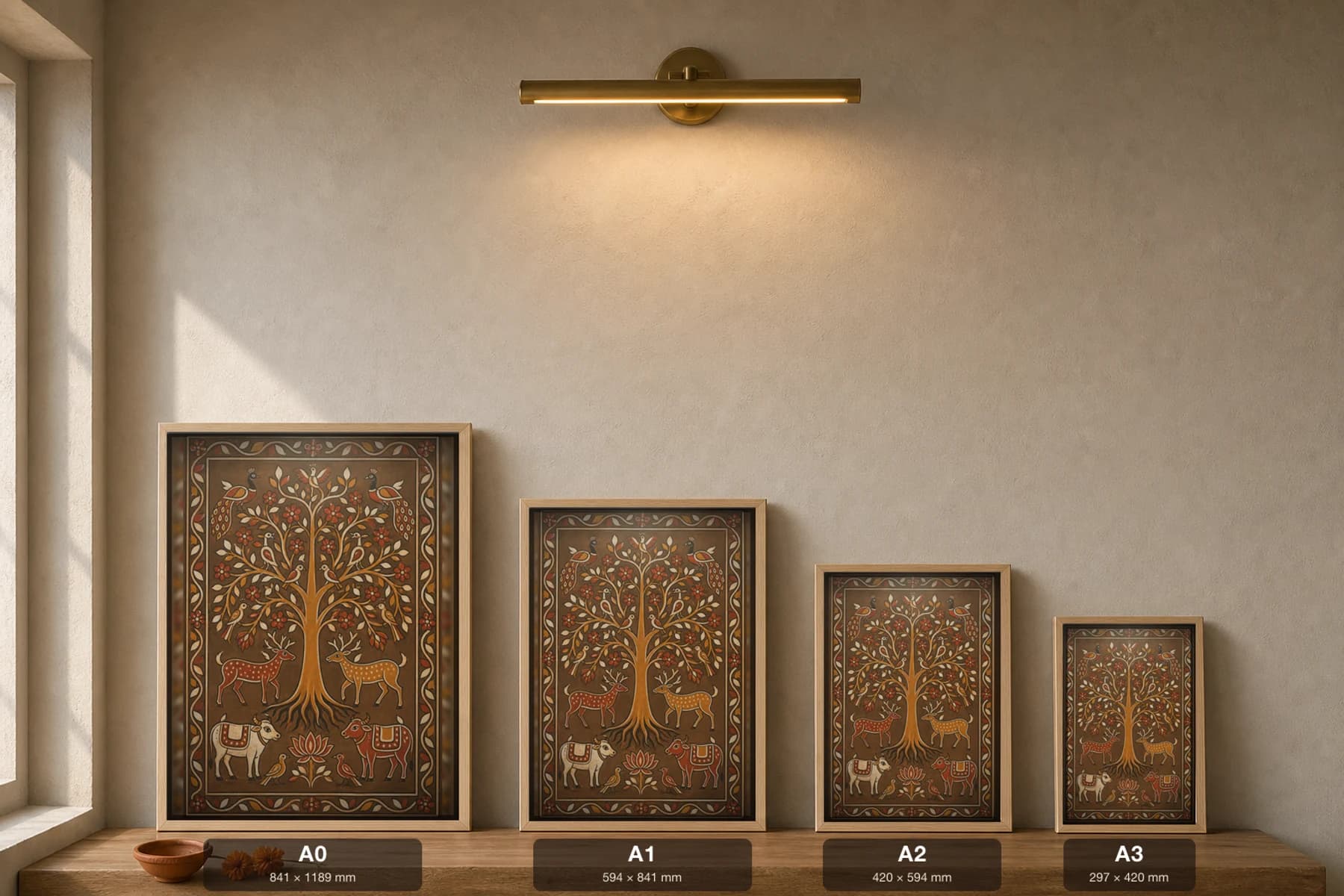 Sohrai Tree of Life — Hazaribagh harvest mural of a flowering tree full of birds, with deer mid-trunk and a caparisoned bull at each root · framed A2 — print size guide showing the artwork at A0, A1, A2 and A3 in natural-oak frames at true relative scale
