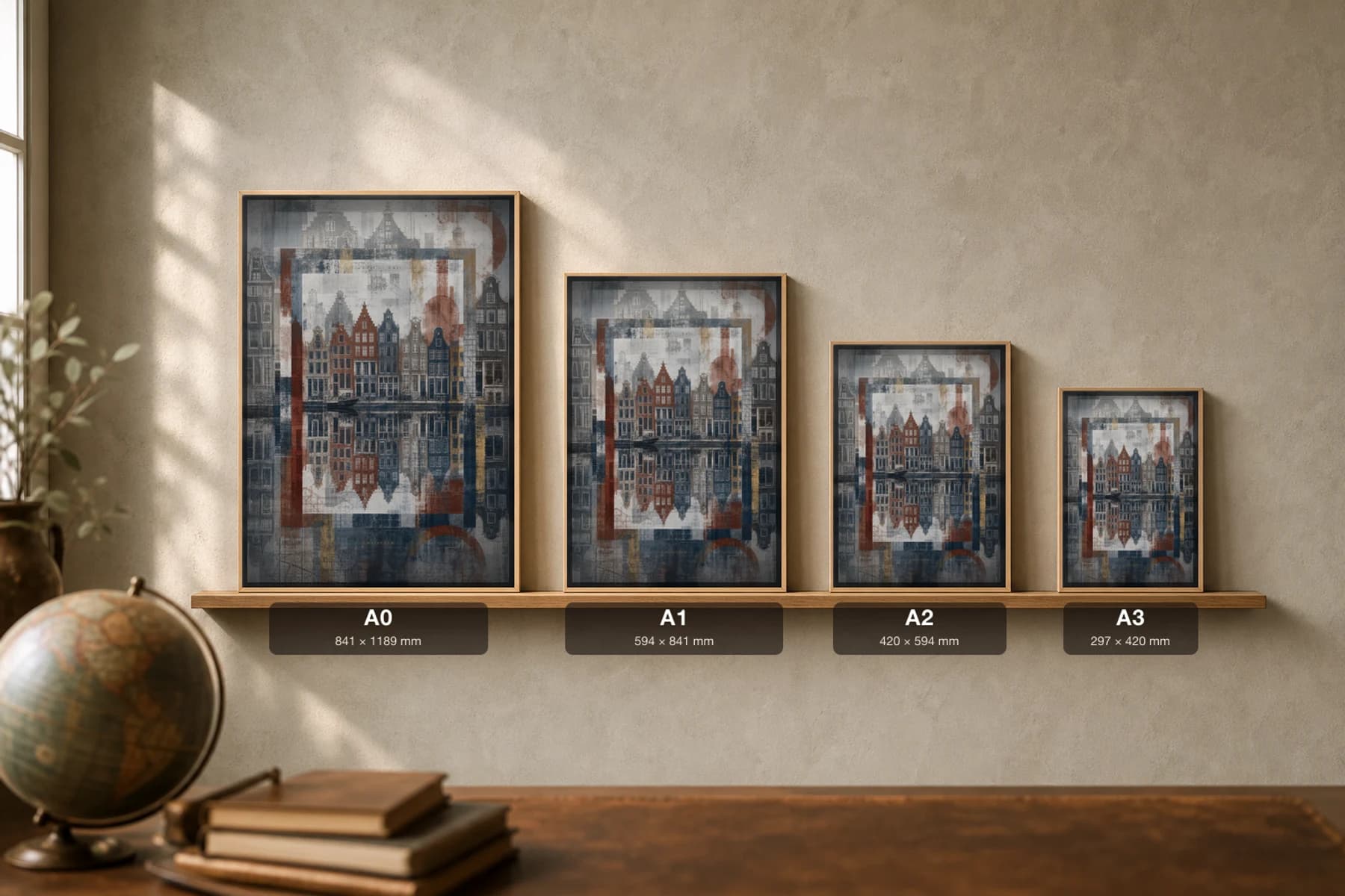 Amsterdam Poster — Netherlands travel wall art · city print · framed A2 — print size guide showing the artwork at A0, A1, A2 and A3 in natural-oak frames at true relative scale