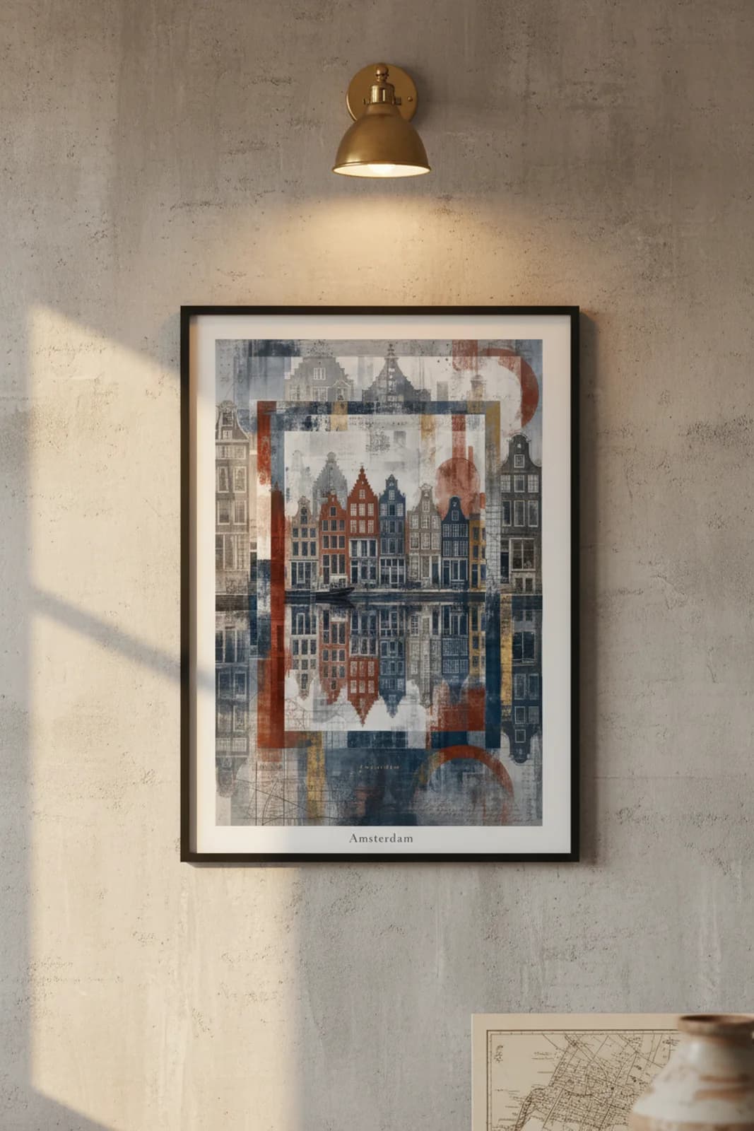 Amsterdam Suncities travel print in black A2 frame on navy-blue concrete wall — Suncities mockup