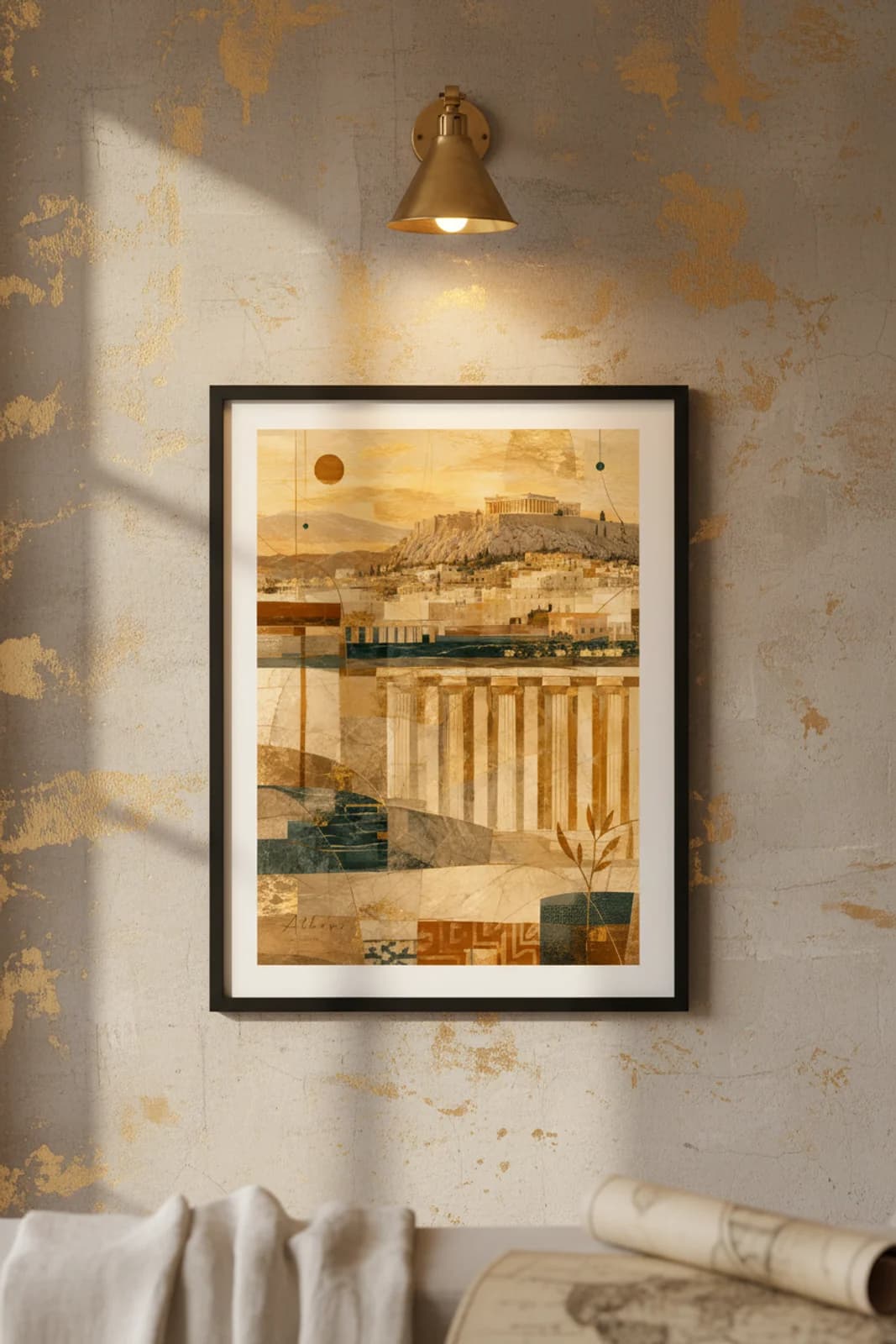 Athens Suncities travel print in black A2 frame on warm-gold concrete wall — Suncities mockup