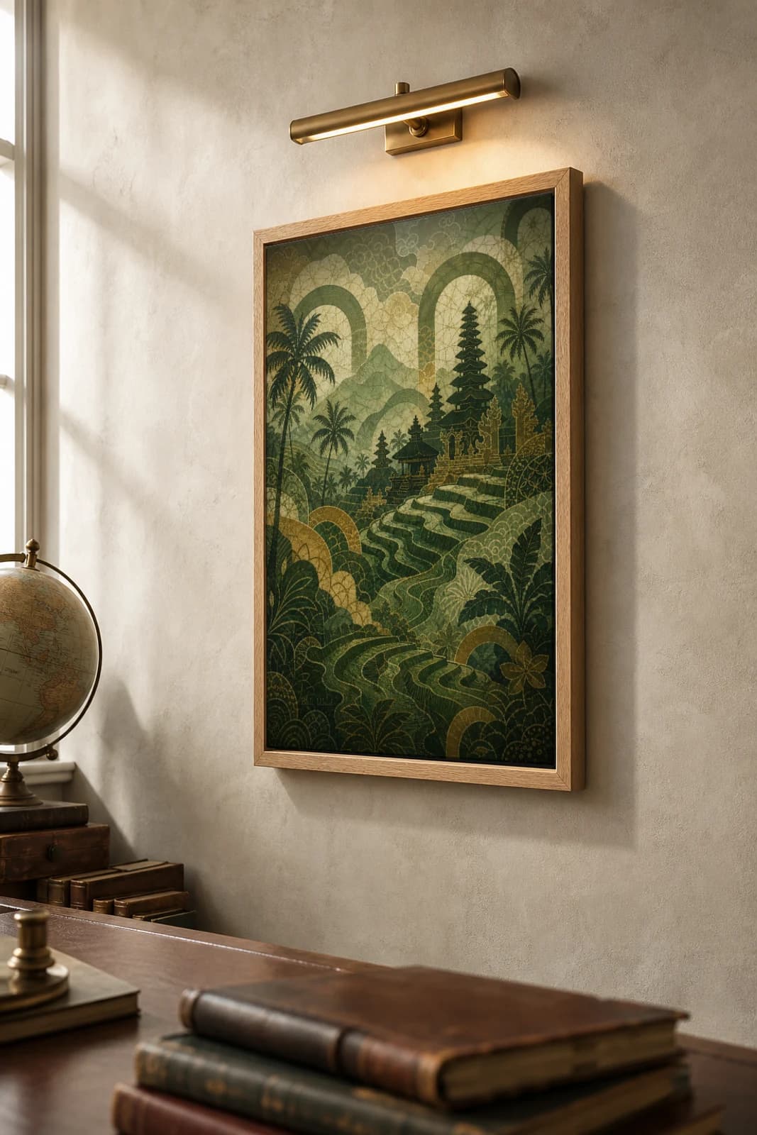 Ubud Poster — Indonesia travel wall art · city print · framed A2 — the framed print shown at a three-quarter angle on a styled gallery wall in a natural-oak frame