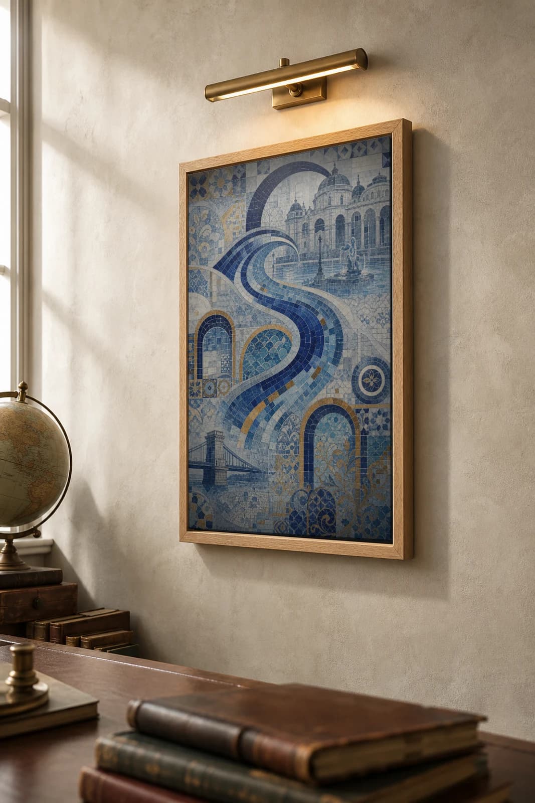 Budapest Poster — Hungary travel wall art · city print · framed A2 — the framed print shown at a three-quarter angle on a styled gallery wall in a natural-oak frame